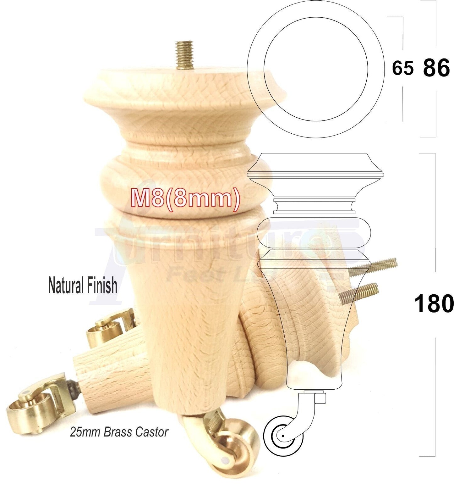 4x Turned Furniture Legs With Brass Castors 180mm High M8(8mm) Replacement Feet