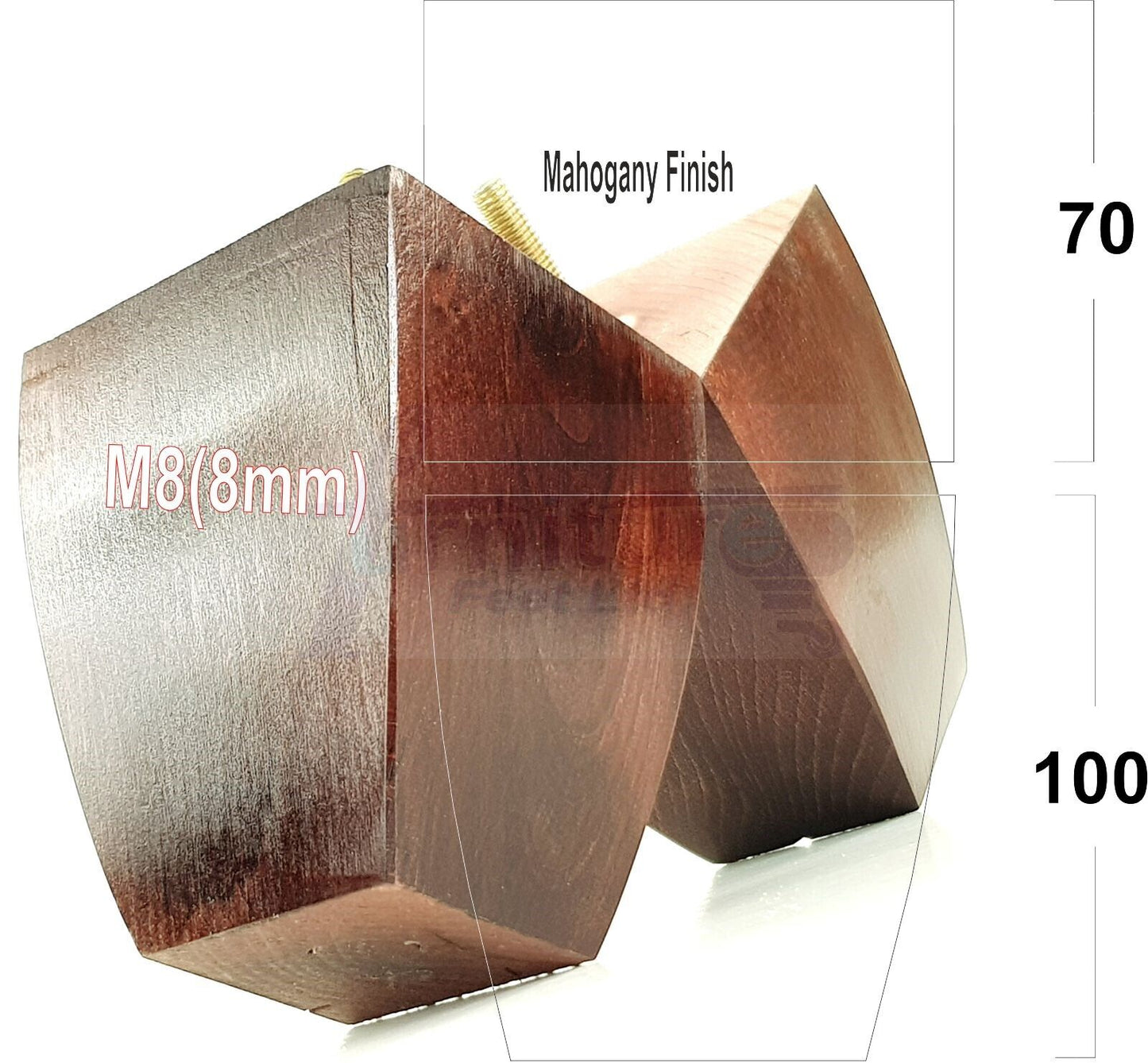 Set Of 4 Solid Wood Square Block Furniture Feet Replacement Legs 100mm High M8(8mm)