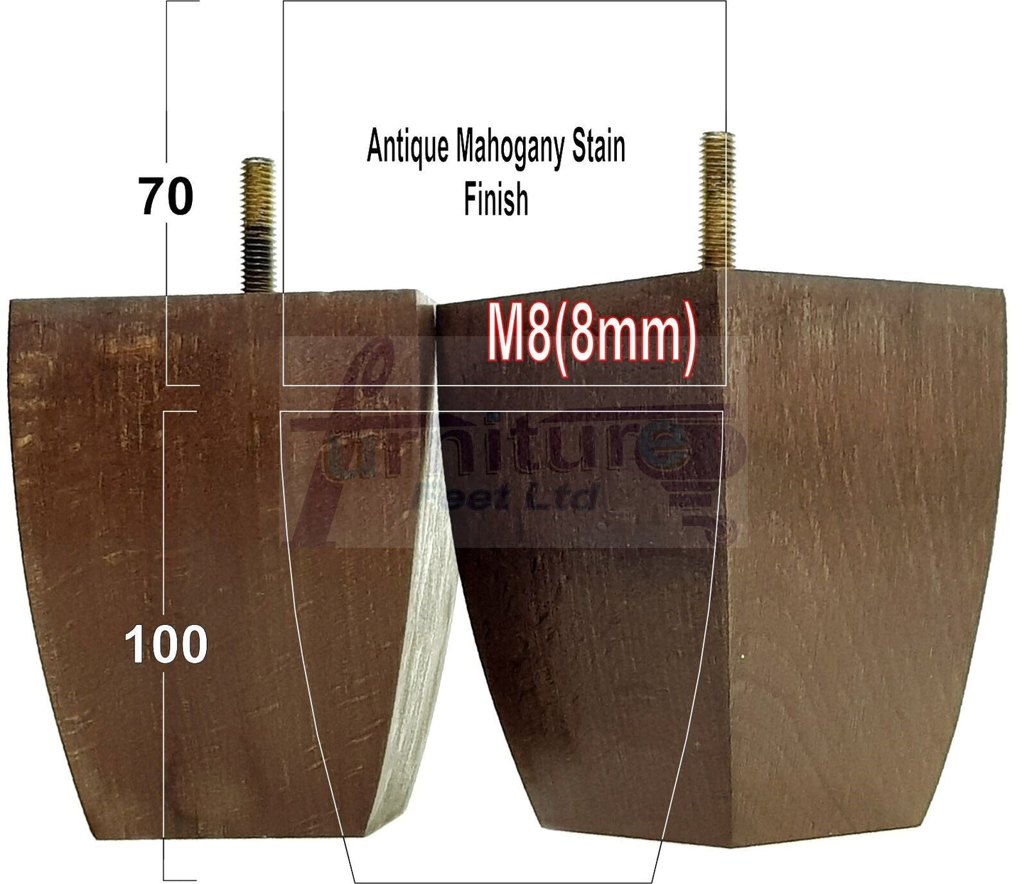Set Of 4 Solid Wood Square Block Furniture Feet Replacement Legs 100mm High M8(8mm)