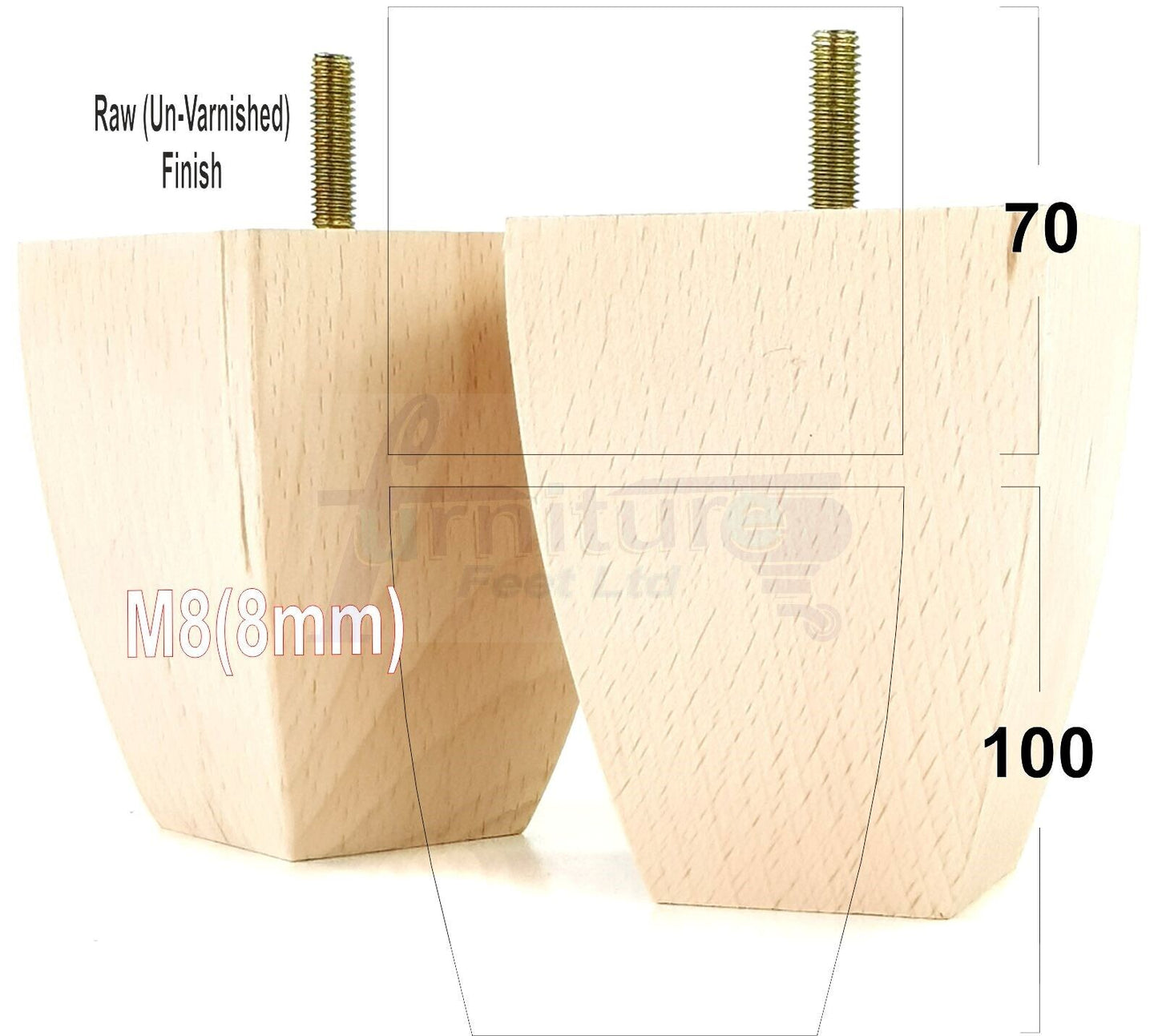 Set Of 4 Solid Wood Square Block Furniture Feet Replacement Legs 100mm High M8(8mm)