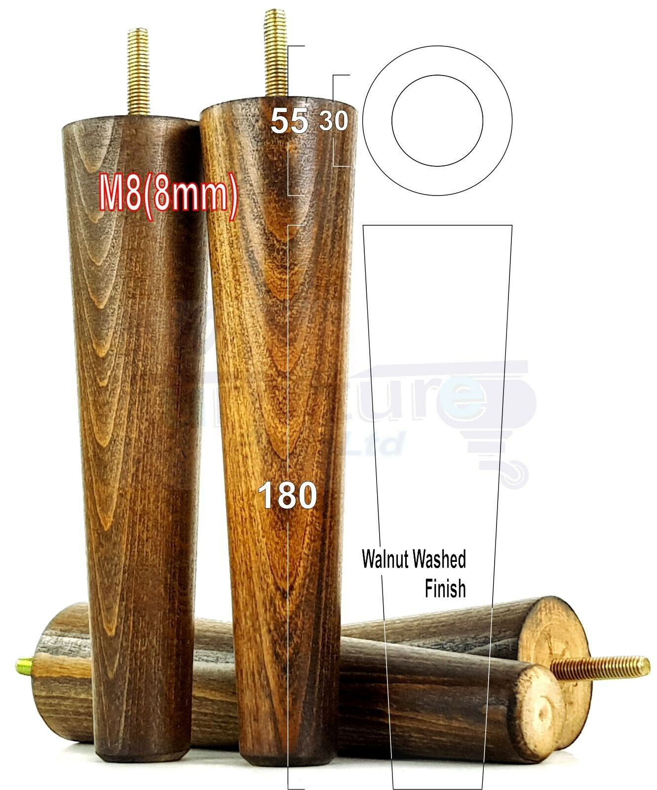 4 Retro Wood Replacement Furniture Chair Legs M8 Footstool Settee Sofa Feet 180mm High