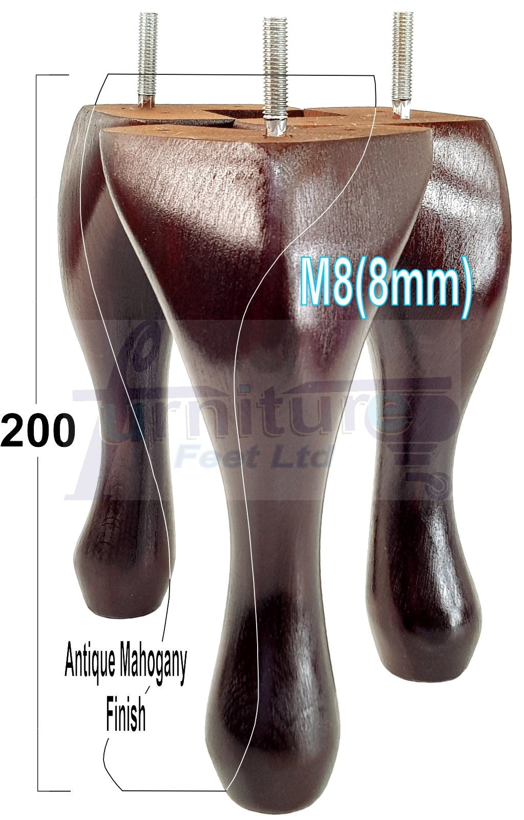 4 Solid Wood Furniture Feet 200mm High Vintage Queen Anne Replacement Legs M8 8 Inches
