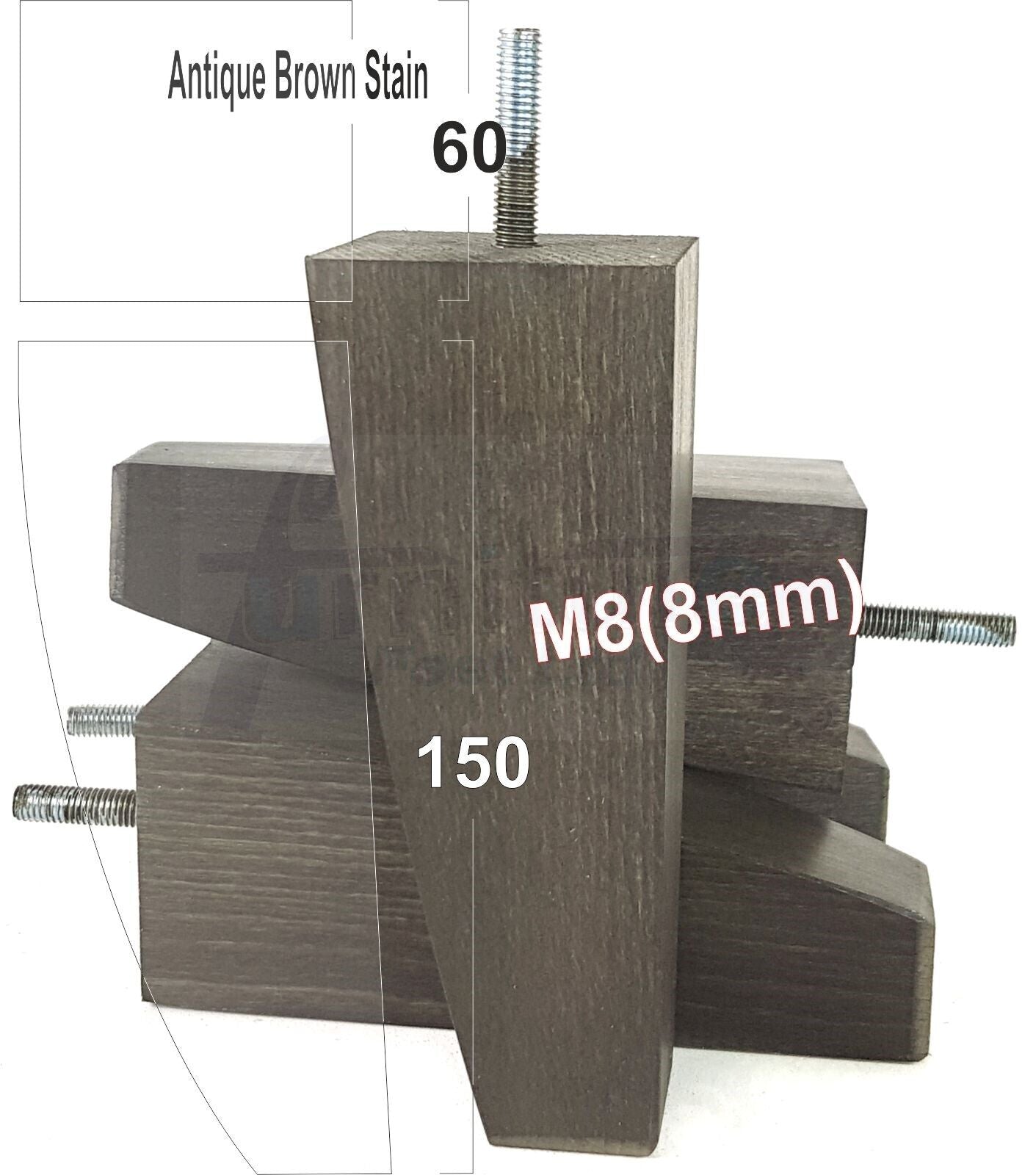 4x Tapered Square Furniture Legs Sofa Feet M8 for Chairs, Settees 150mm High