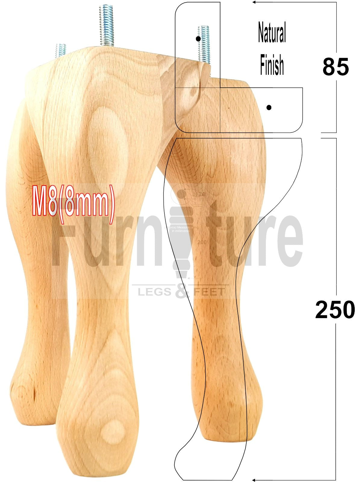 4 Replacement Traditional Queen Anne Furniture Leg 250mm High Sofa Chair Beds M8