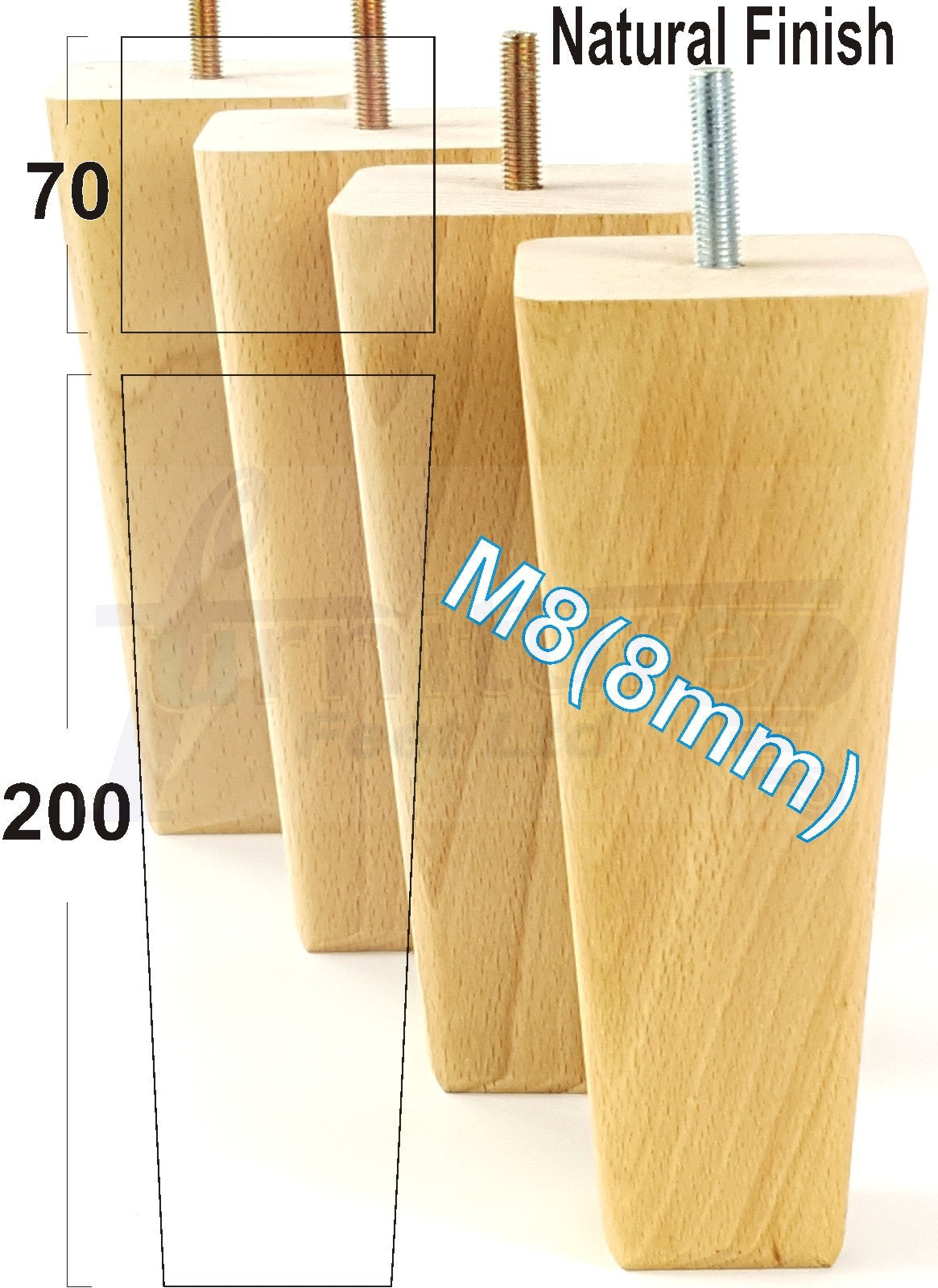 4x Wooden Furniture Legs 200mm High Replacement Square Tapered Feet 8mm