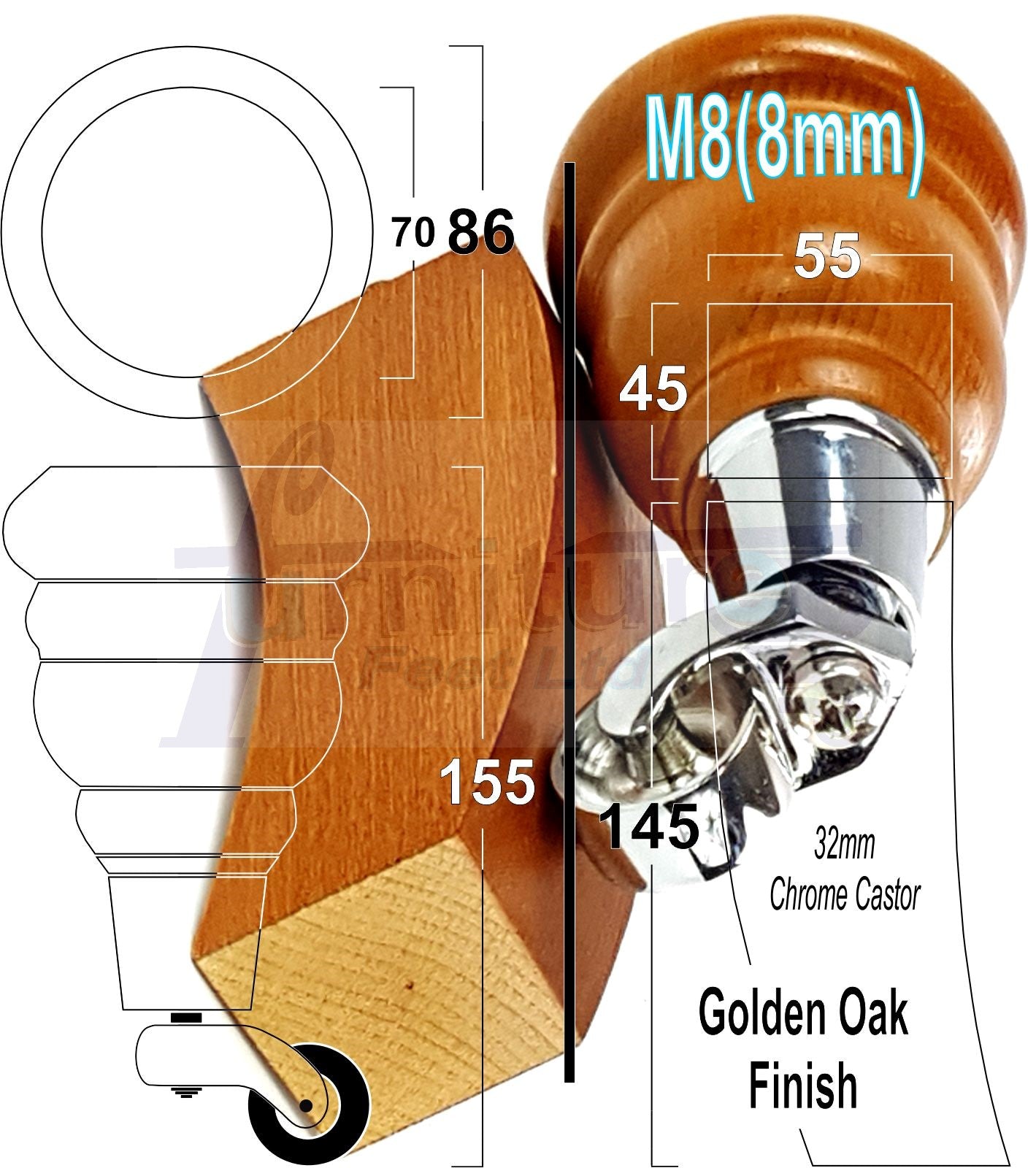 Golden Oak Turned Wood Furniture Feet 2 With Castors 155mm and 2 Curved Back Legs Sofas Chairs Stools Cabinets Beds M8 6 Inches