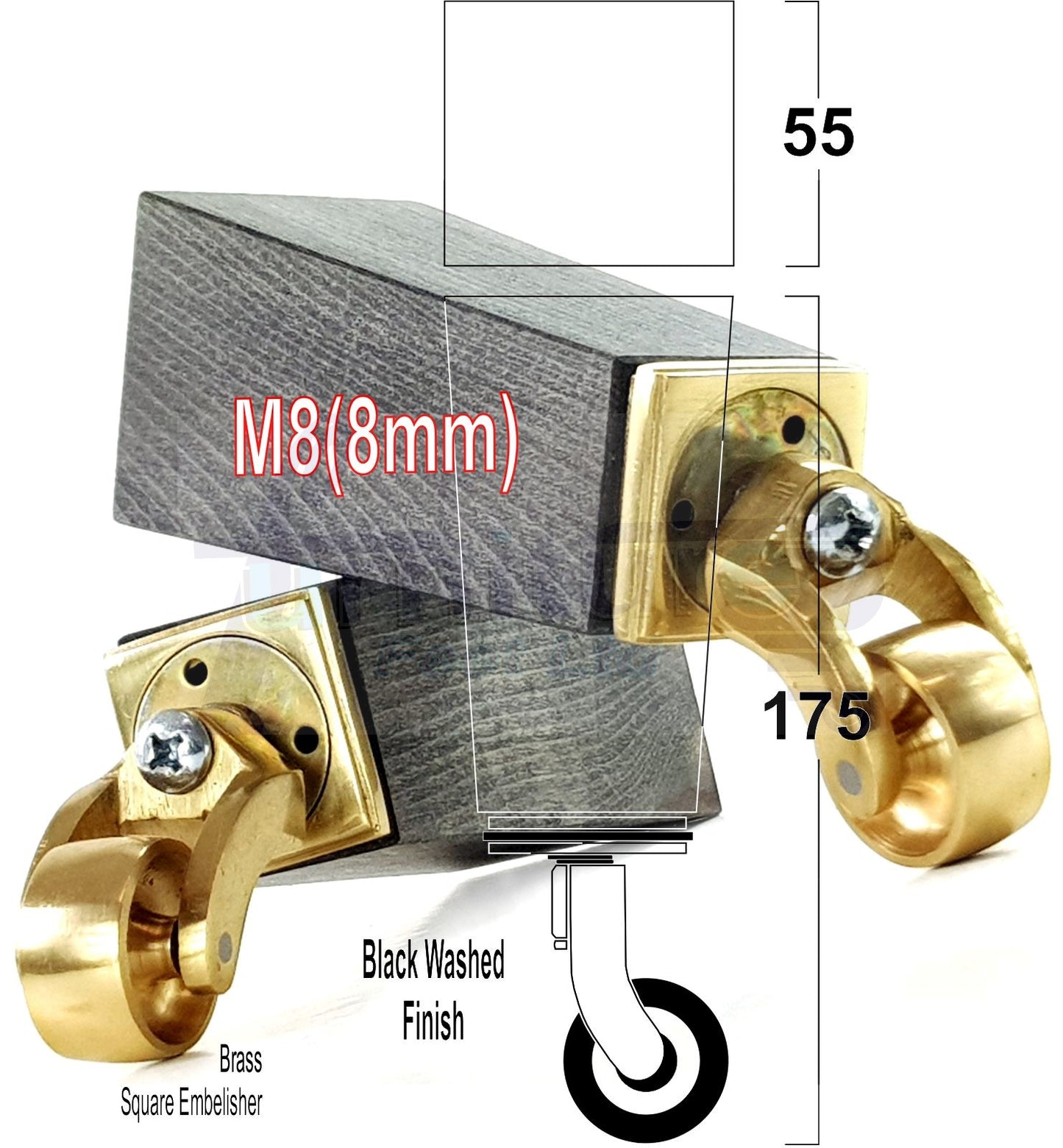 4x Solid Wood Furniture Legs Chair Sofa Bed Replacement Feet 175mm High With Brass Castors 8mm Thread