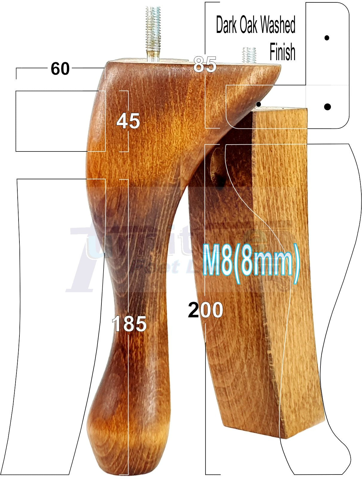 2x Vintage Queen Anne Replacement Furniture Legs & 2x Curved Back Feet 200mm High 8mm Thread