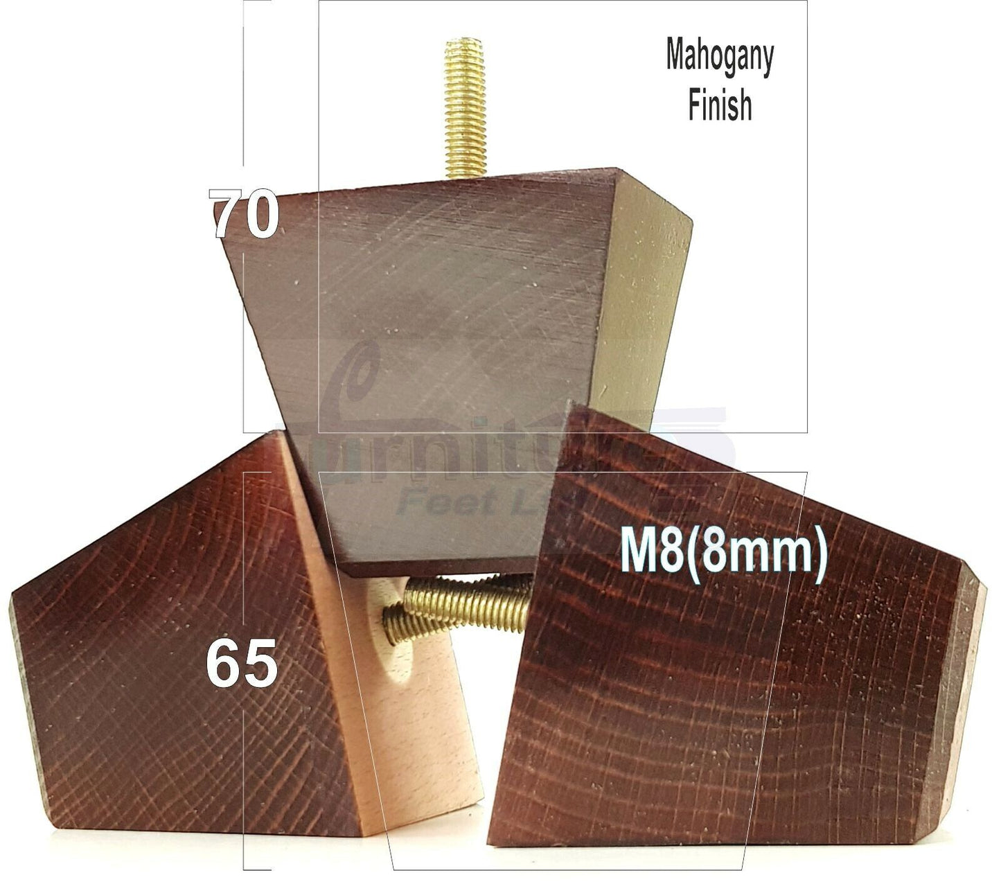 Set Of 4 Solid Wood Square Block Furniture Feet Replacement Legs 65mm High M8(8mm)