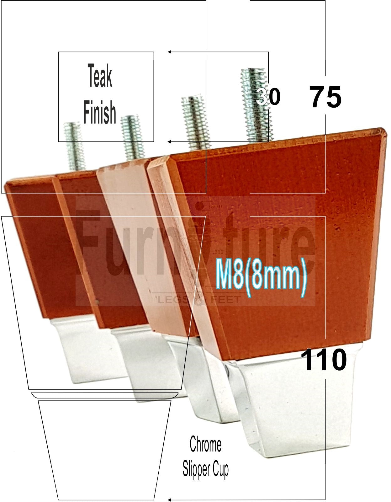4x Block Wood With A Chrome Slipper Cup Furniture Chair Settee Legs M8 Sofa Feet 110mm