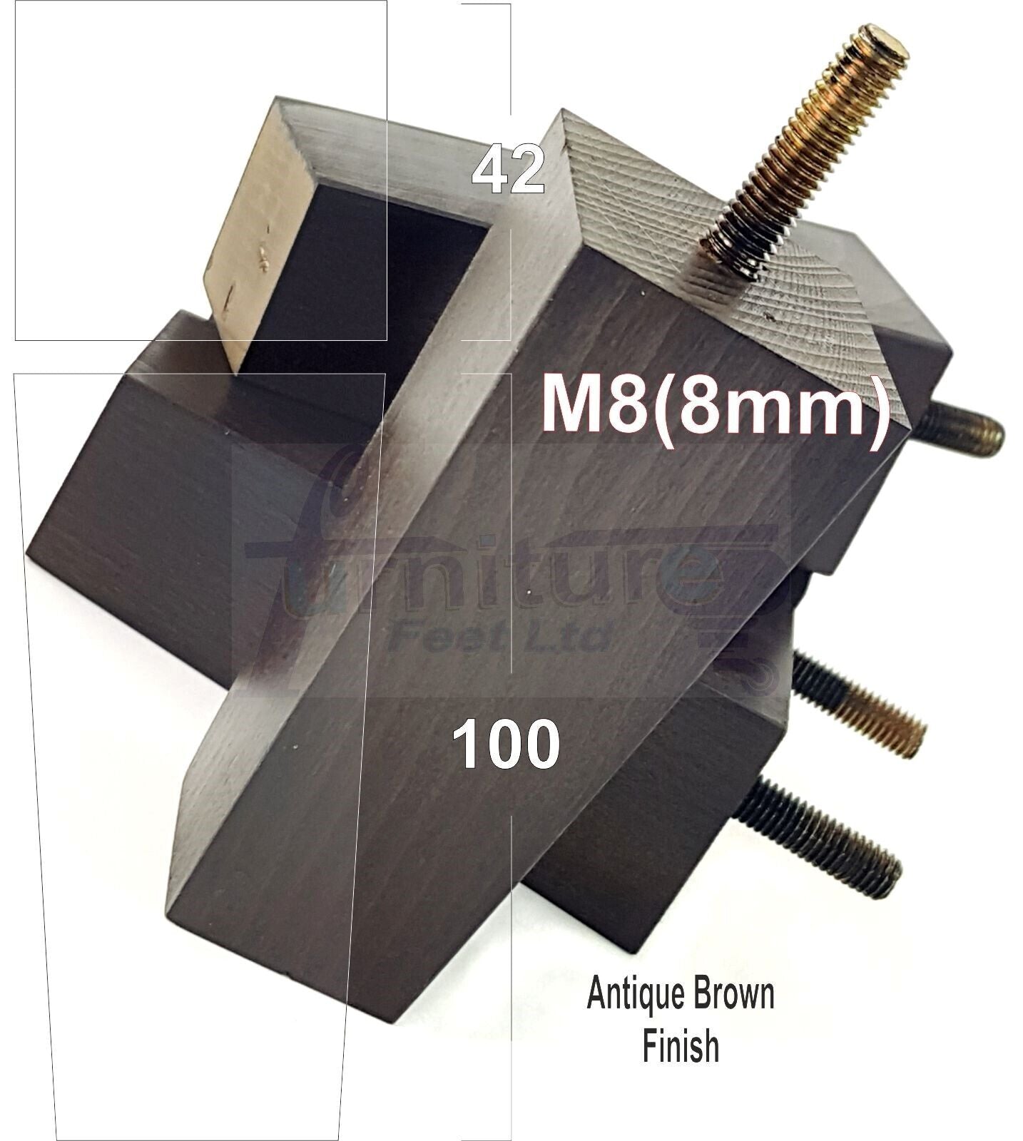 4x Solid Wood Block Furniture Legs Replacement Square Feet 100mm High M8(8mm)