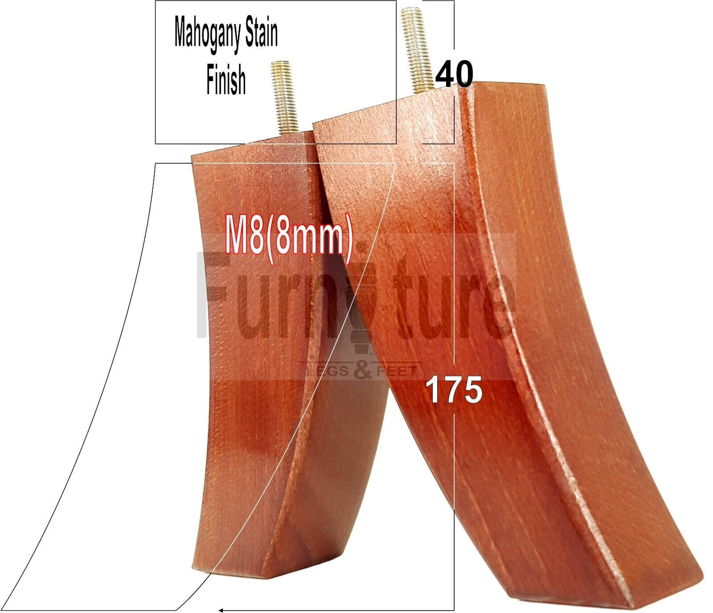 SET OF 4 WOODEN FURNITURE FEET 175mm HIGH REPLACEMENT SOFA LEGS 8mm Thread