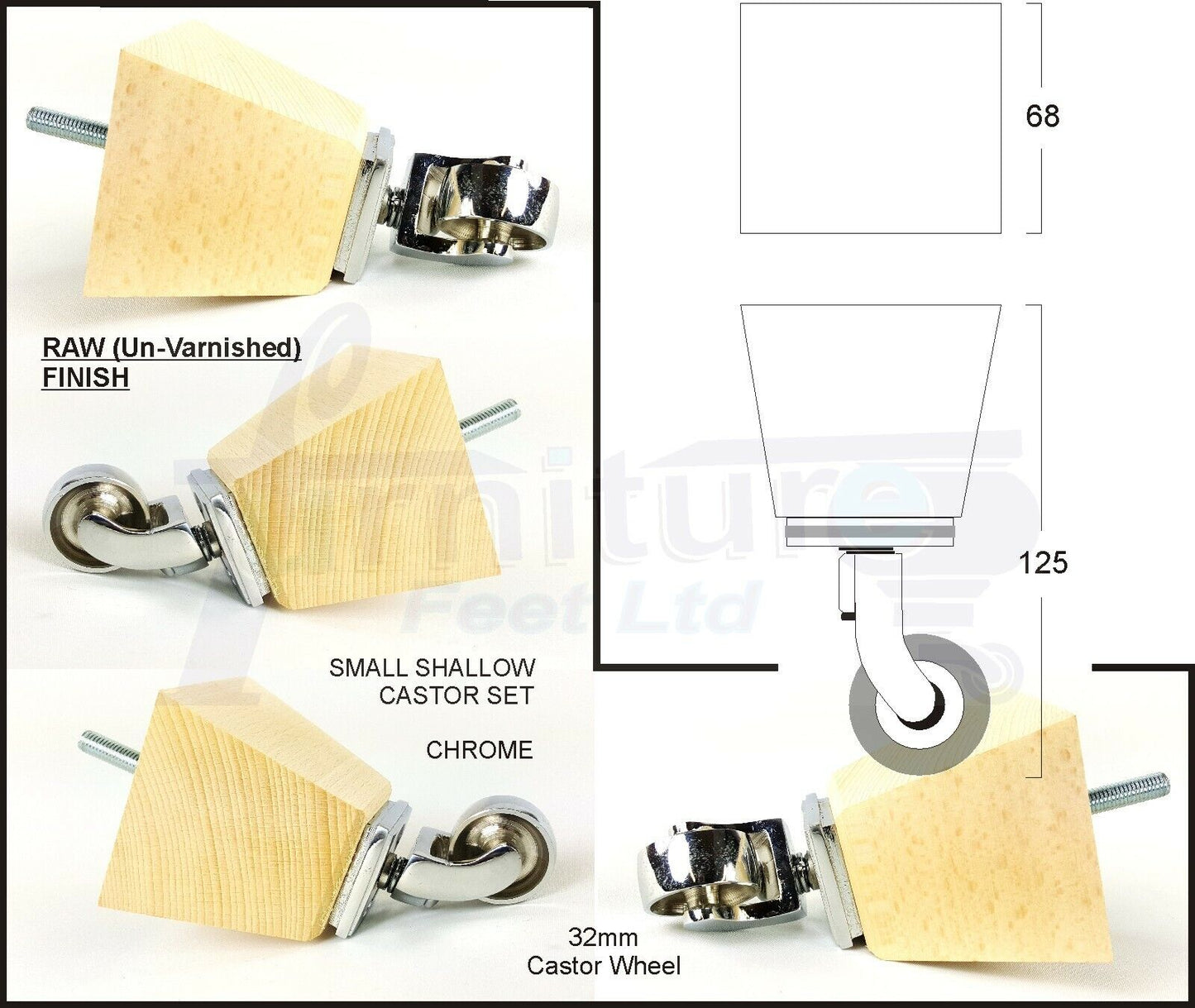 Set Of 4 Wooden Turned Replacement Furniture Legs 125mm High With Chrome Castor Wheels 8mm Thread