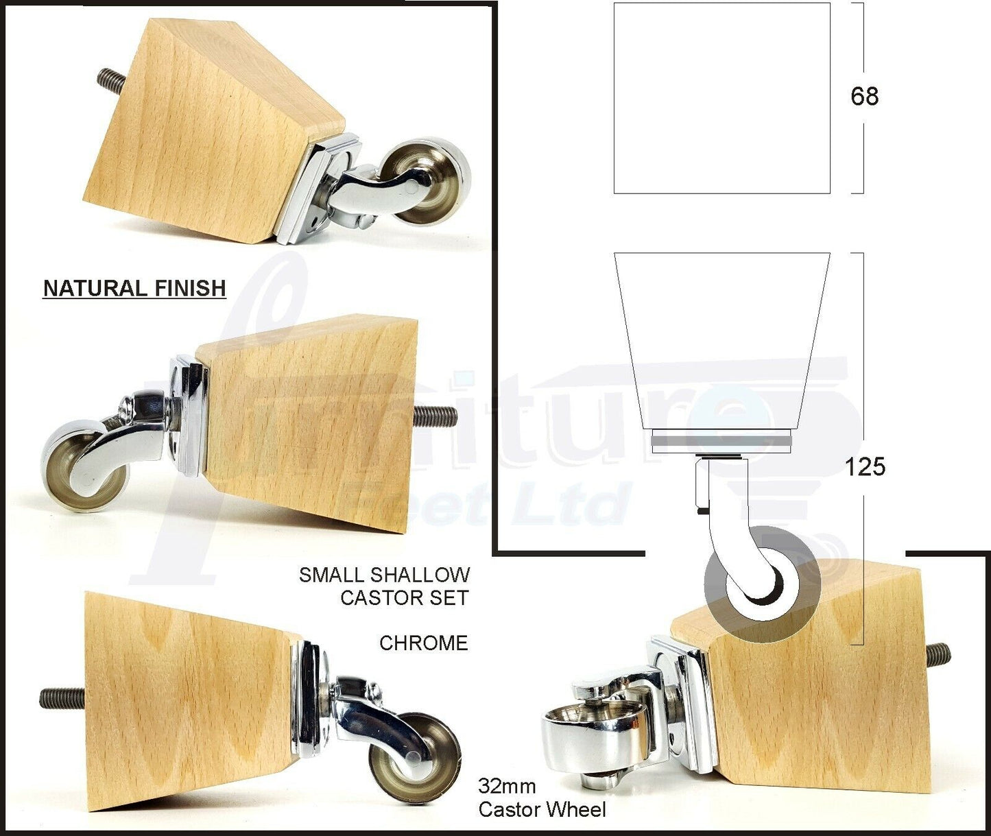 Set Of 4 Wooden Turned Replacement Furniture Legs 125mm High With Chrome Castor Wheels 8mm Thread