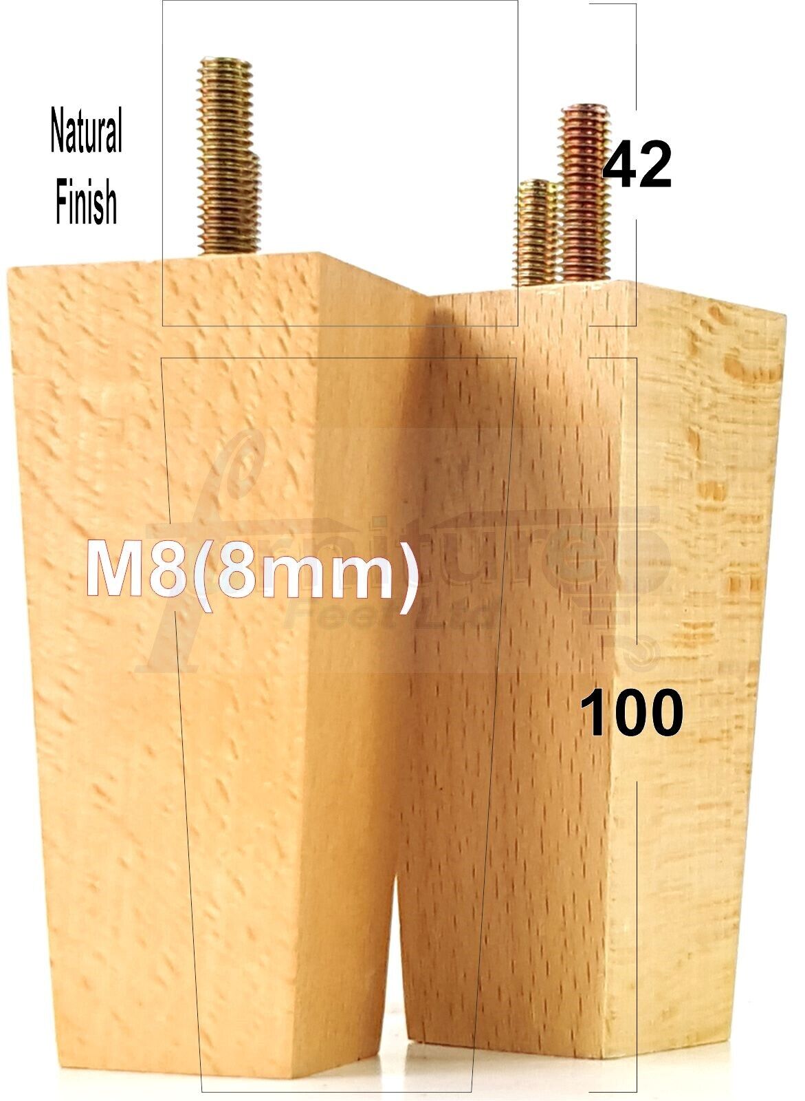 4x Solid Wood Block Furniture Legs Replacement Square Feet 100mm High M8(8mm)