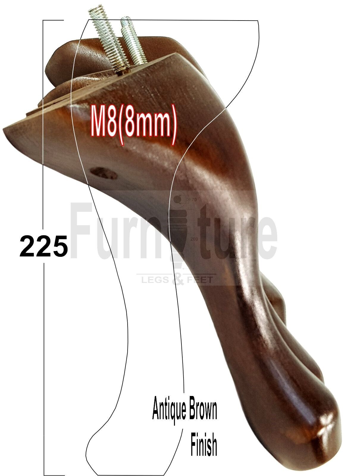 4x Solid Wood Furniture Feet 225mm High Vintage Queen Anne Replacement Legs M8 8 Inches