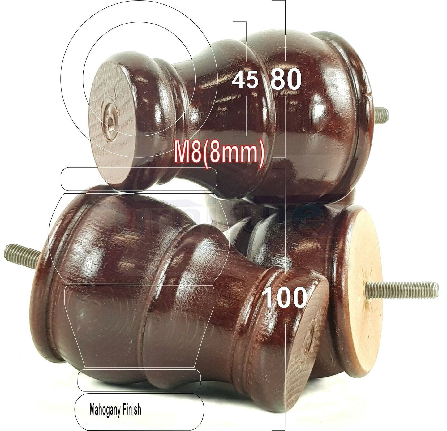 4 Turned Wood Furniture Chair Legs M8 Replacement Sofa Settee Chair Bed Feet 100mm High