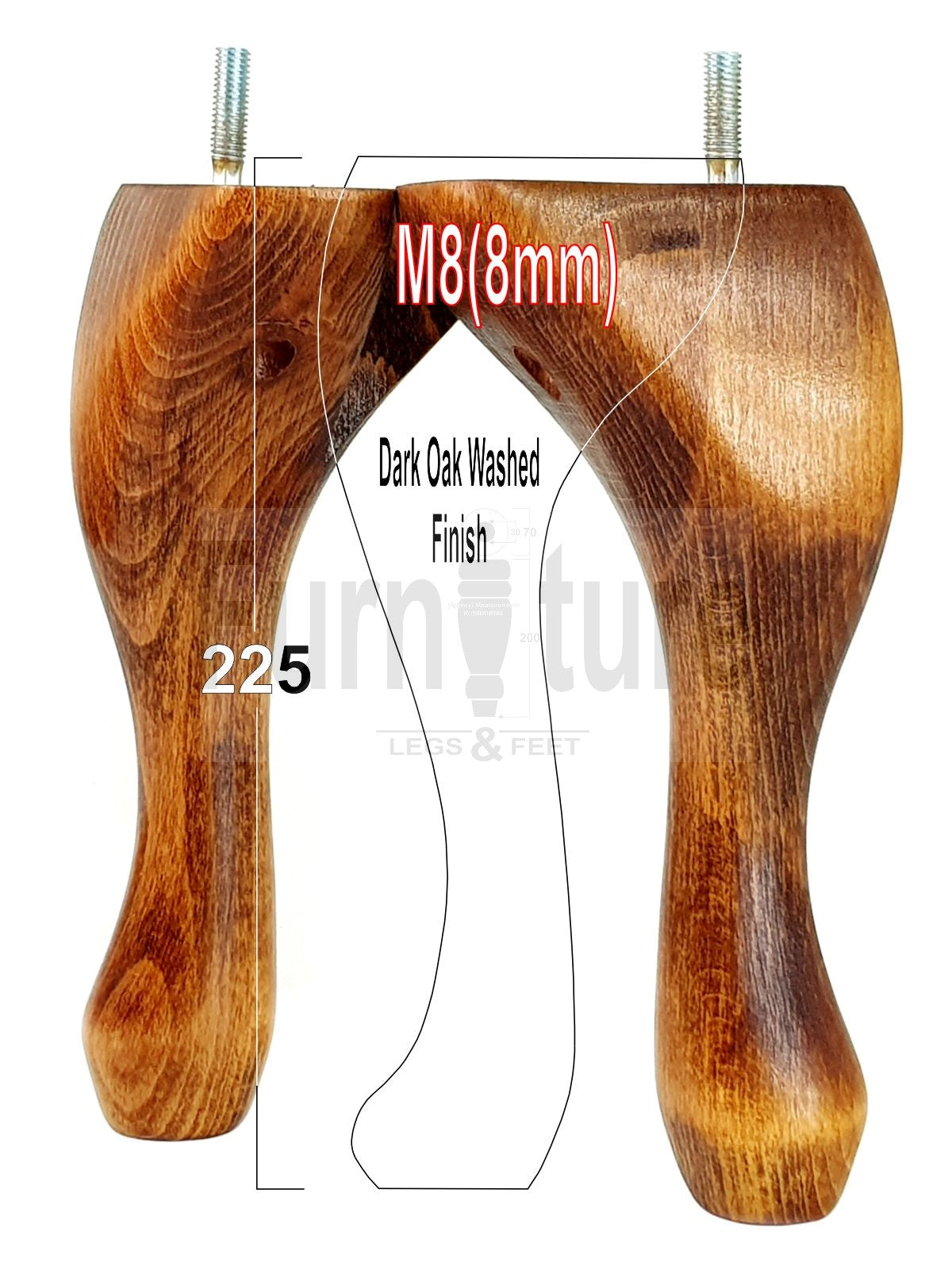 4x Solid Wood Furniture Feet 225mm High Vintage Queen Anne Replacement Legs M8 8 Inches