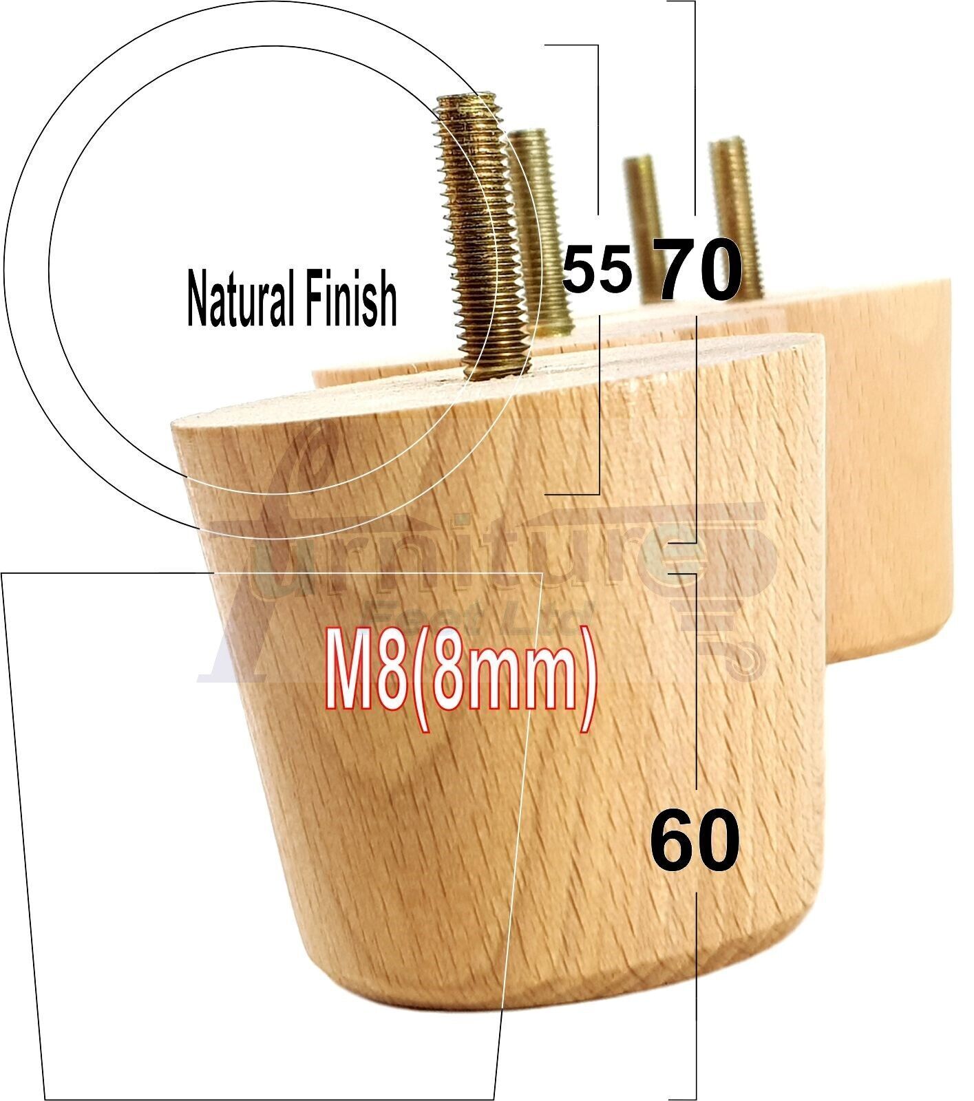 4 Replacement Bun Feet 60mm High Solid Wood Turned Furniture Legs M8 Multiple Colours Chairs Stools Sofa's Beds Settee & Cabinets 2.3 inches