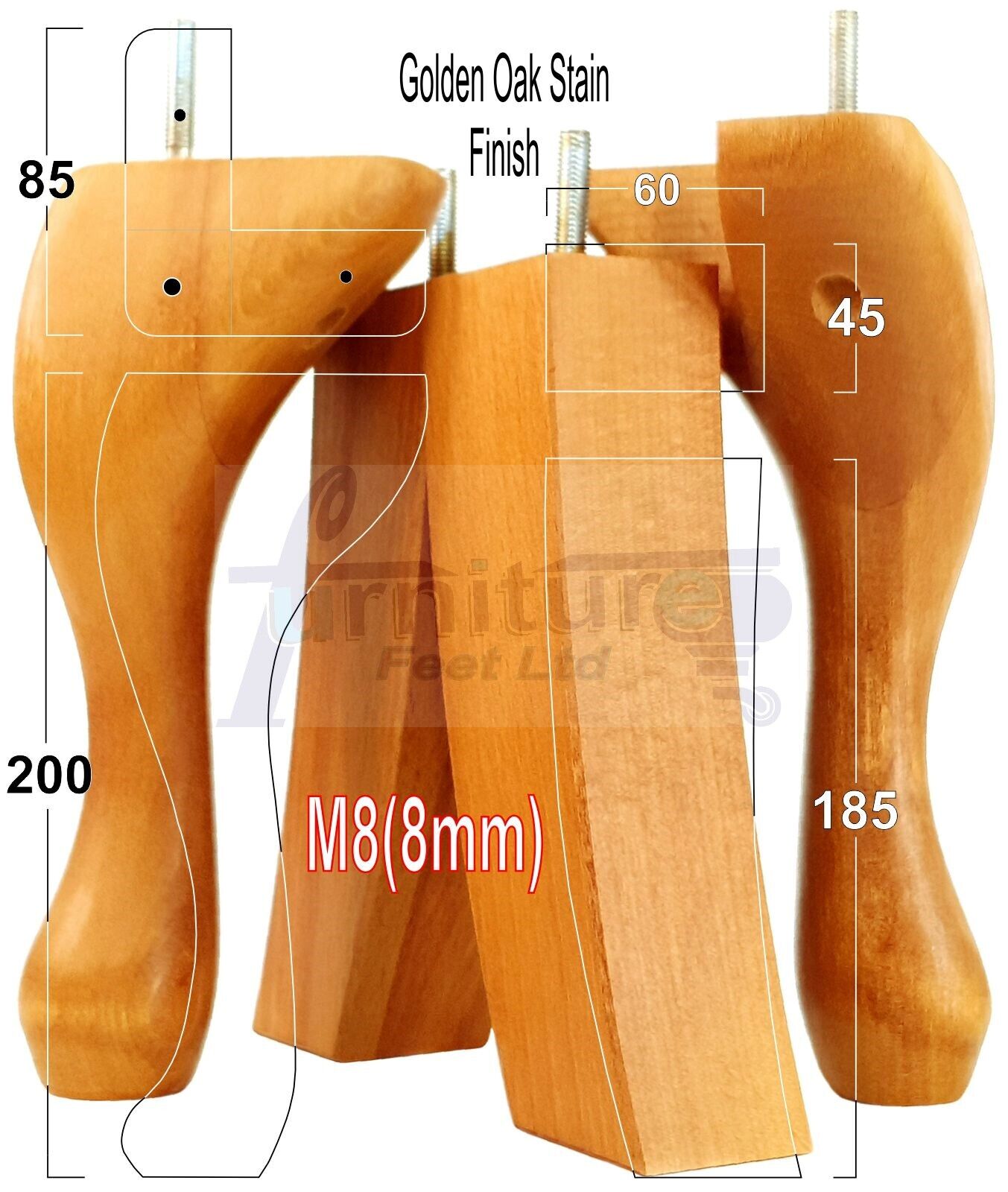 2x Vintage Queen Anne Replacement Furniture Legs & 2x Curved Back Feet 200mm High 8mm Thread