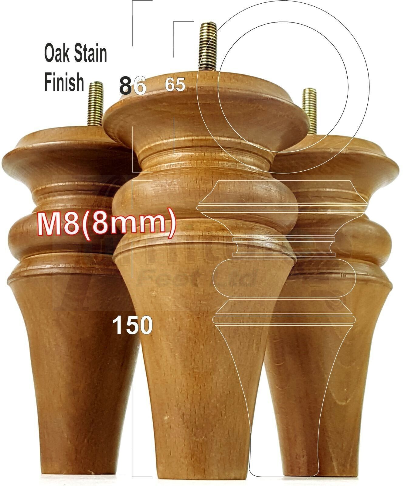 4x Turned Furniture Legs 150mm High M8(8mm) Replacement Feet