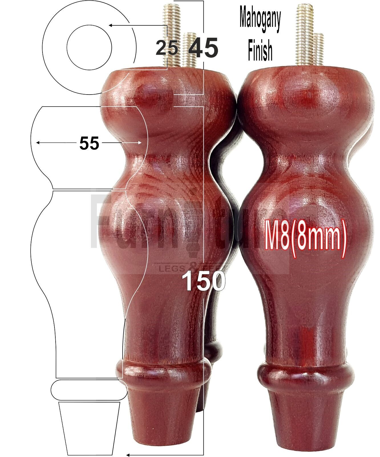 Set Of 4 Solid Wood Turned Furniture Feet Replacement Legs 150mm High 8mm Thread