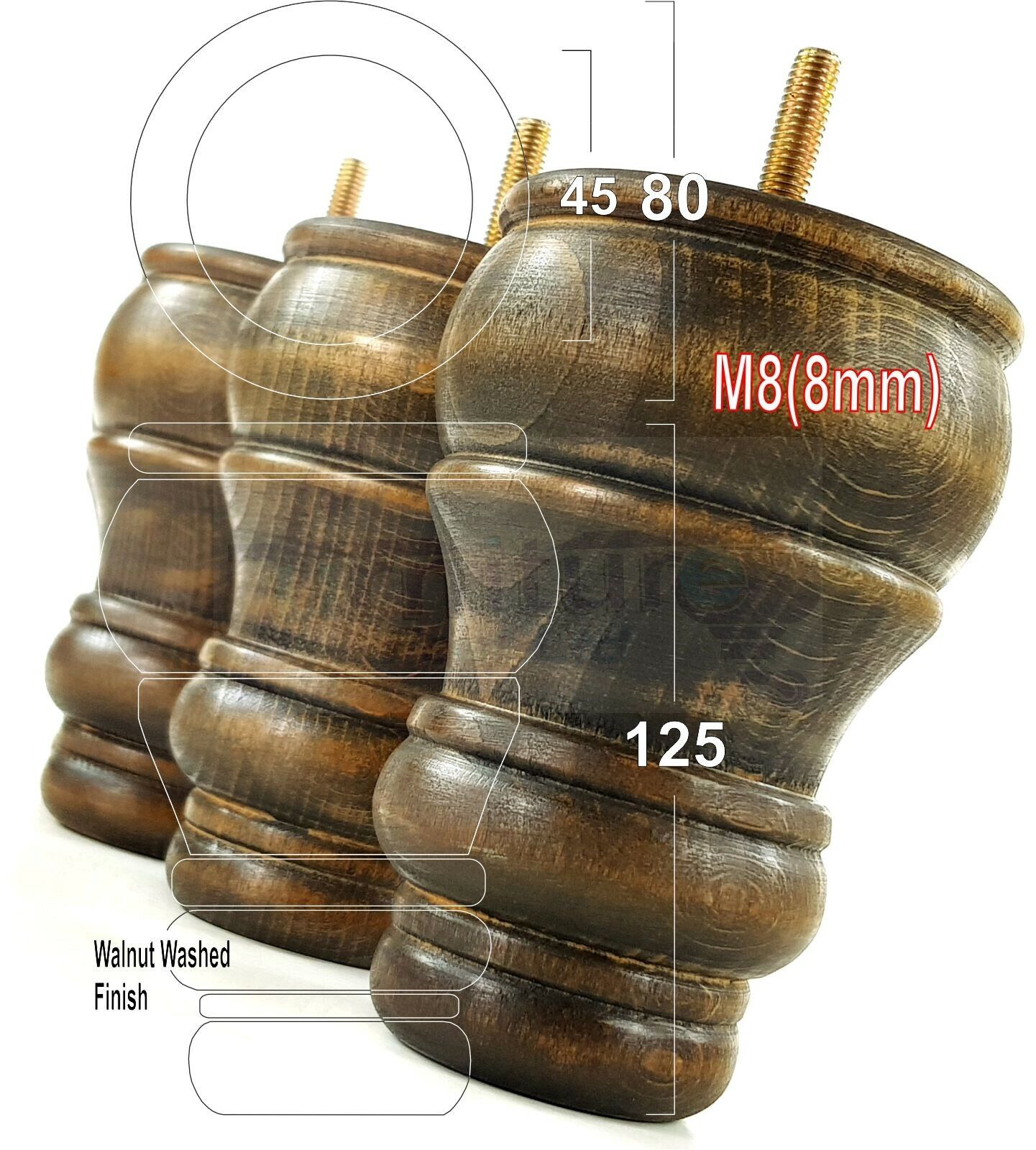 4 Turned Wood Furniture Chair Legs M8 Replacement Sofa Settee Feet 125mm High