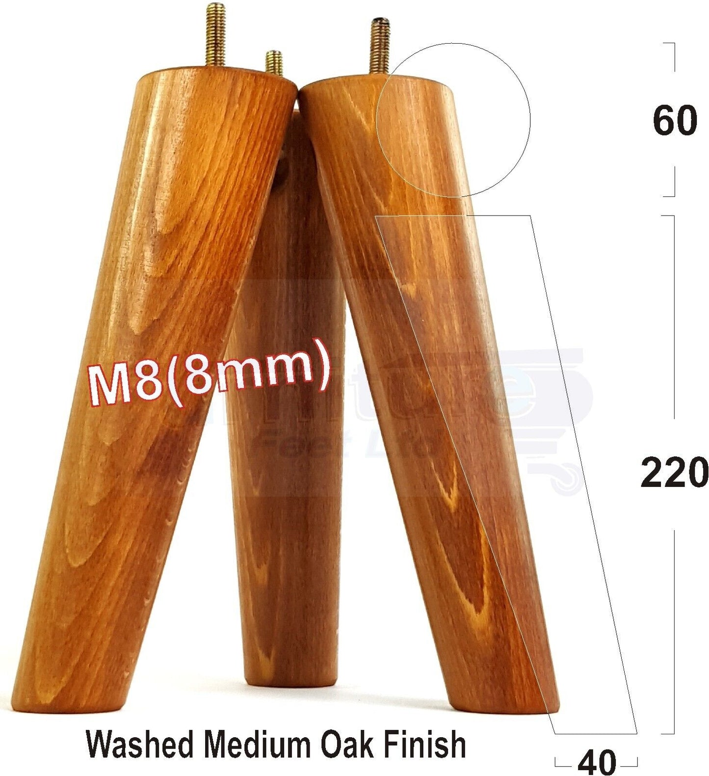 4 Solid Wood Turned Furniture Feet Replacement Mid Centry Angled Retro Legs 220mm High M8 Sofa Chairs Stools Cabinets Beds