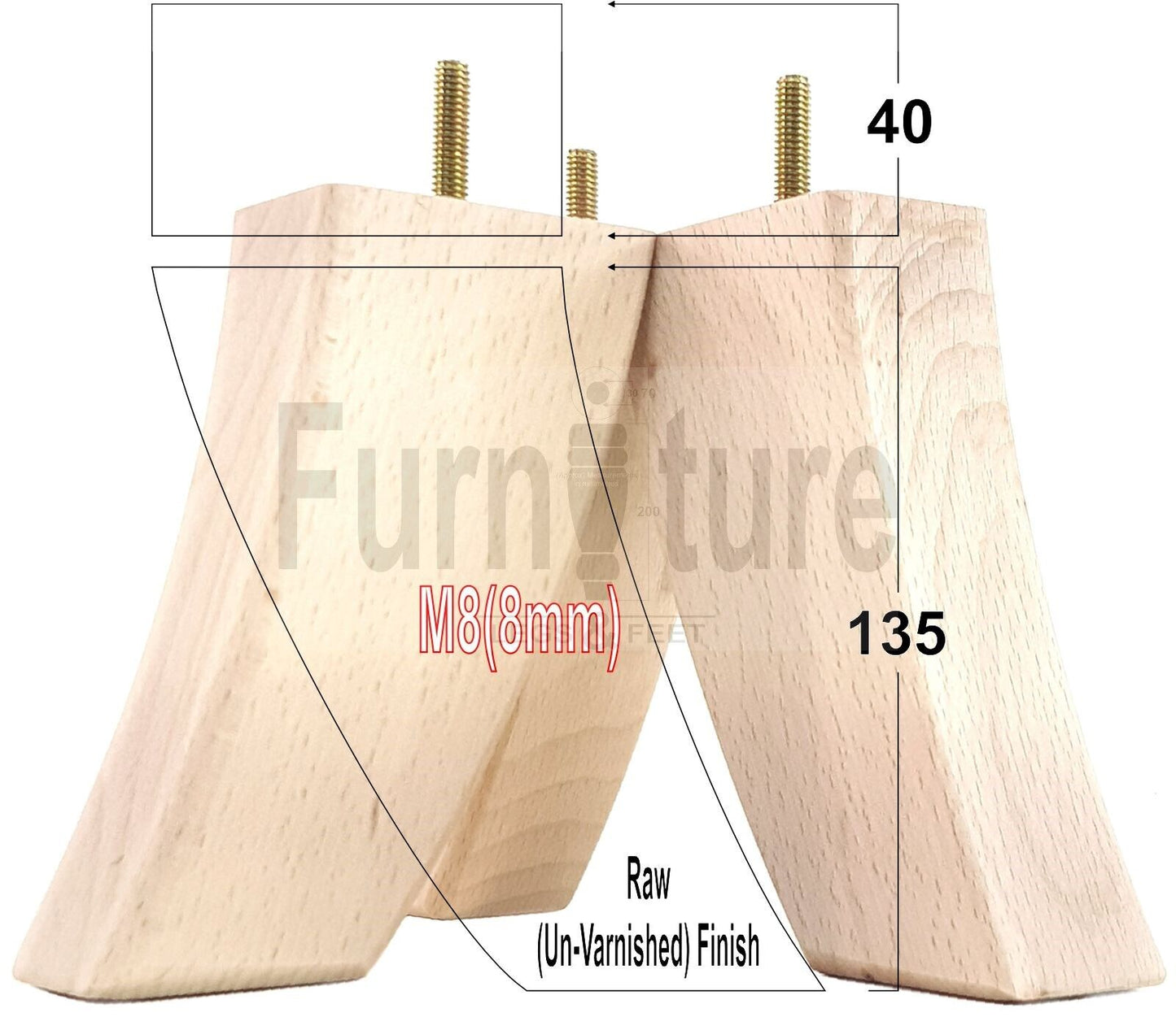 SET OF 4 WOODEN FURNITURE FEET 135mm HIGH REPLACEMENT SOFA LEGS 8mm Thread