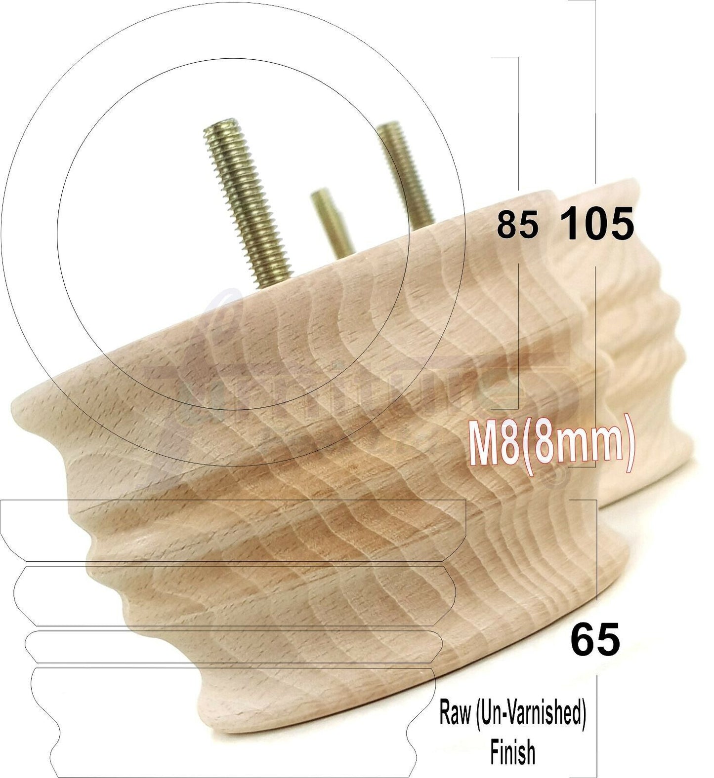 4x Turned Wooden Furniture Replacement Legs 65mm High 8mm Tread
