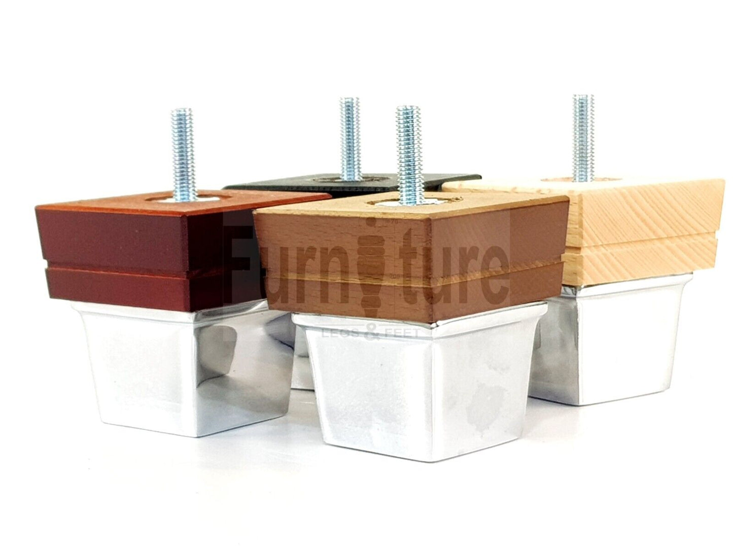 4x Wood Furniture Sofa Legs M8 Replacement Chair Settee Feet & Chrome Metal Slipper Cup 75mm