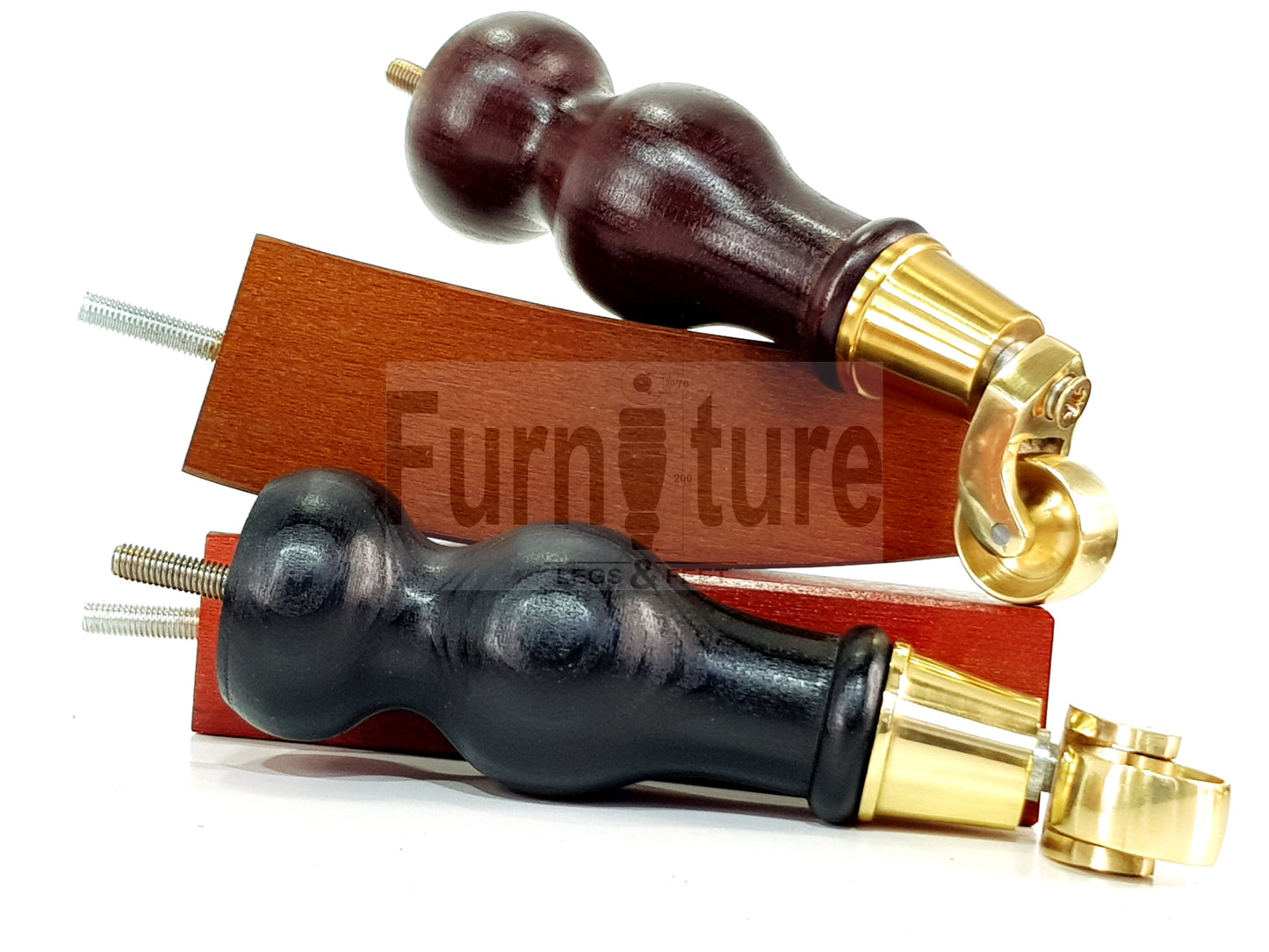 2x Turned Wood Furniture Feet With Brass Castor 155mm and 2 Curved Back Legs 6 Inches 8mm Thread