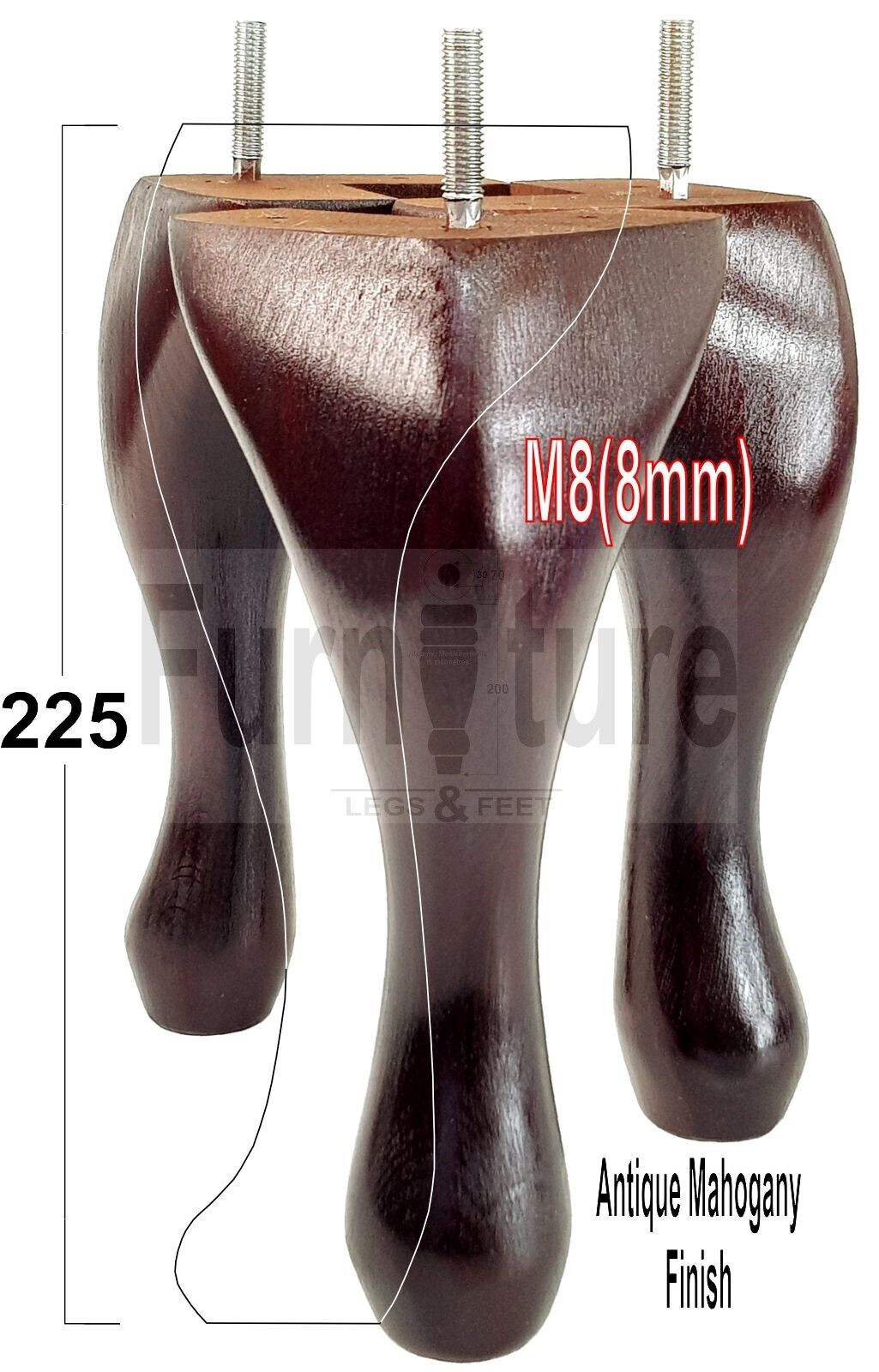 4x Solid Wood Furniture Feet 225mm High Vintage Queen Anne Replacement Legs M8 8 Inches