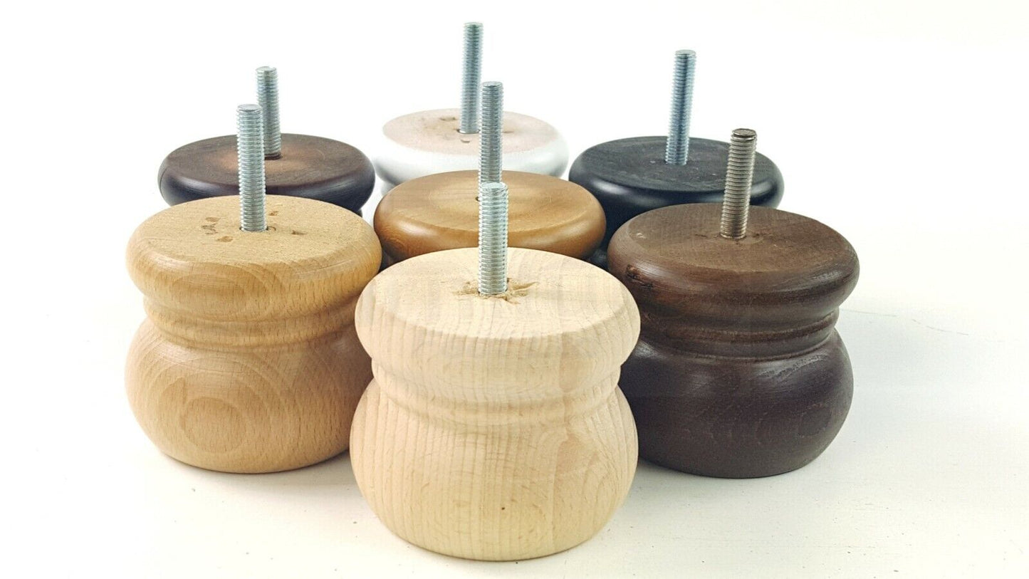 4 Wood Bun Feet Replacement Turned Furniture Legs 60mm High Multiple Colours 2 Inches Tall Chairs Stools Sofa Beds Cabinets M8