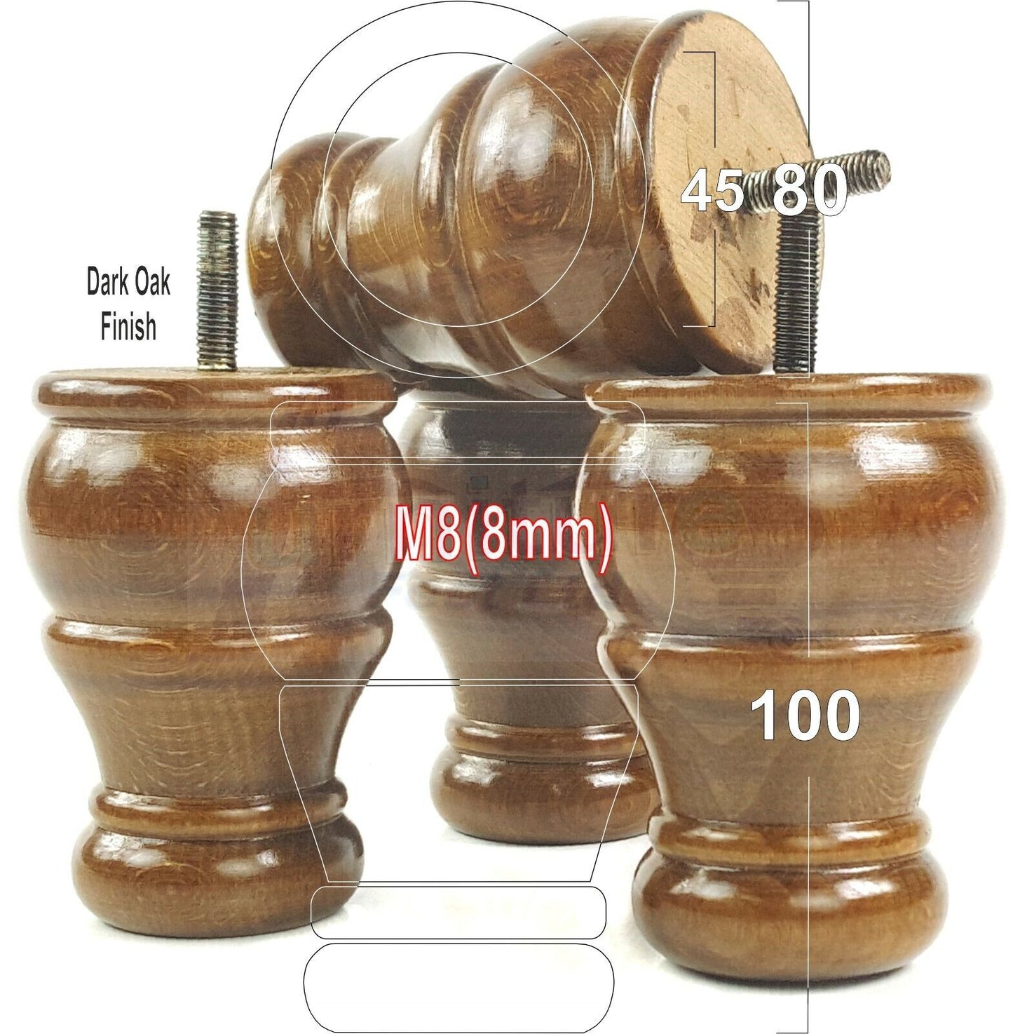 4 Turned Wood Furniture Chair Legs M8 Replacement Sofa Settee Chair Bed Feet 100mm High