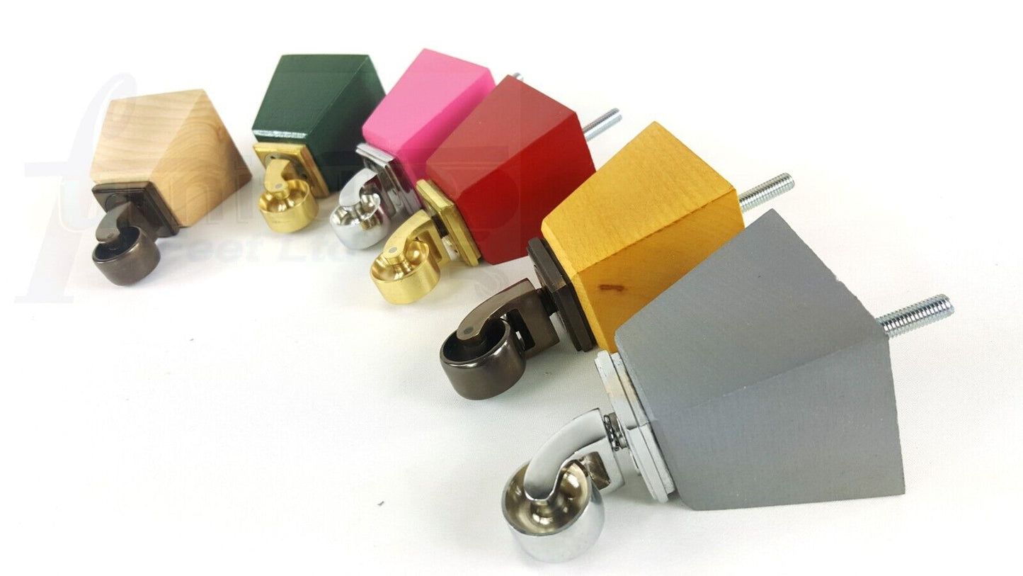 Set Of 4 Wooden Turned Replacement Furniture Legs 125mm High With Brass Castor Wheels 8mm Thread