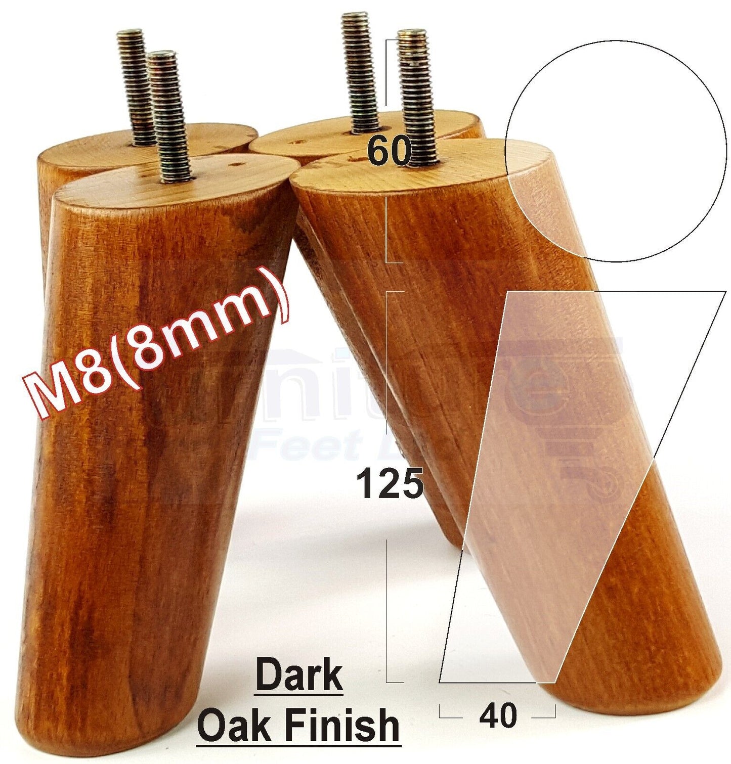4 Solid Wood Turned Furniture Feet Replacement Mid Centry Angled Retro Legs 125mm High M8 Sofa Chairs Stools Cabinets Beds