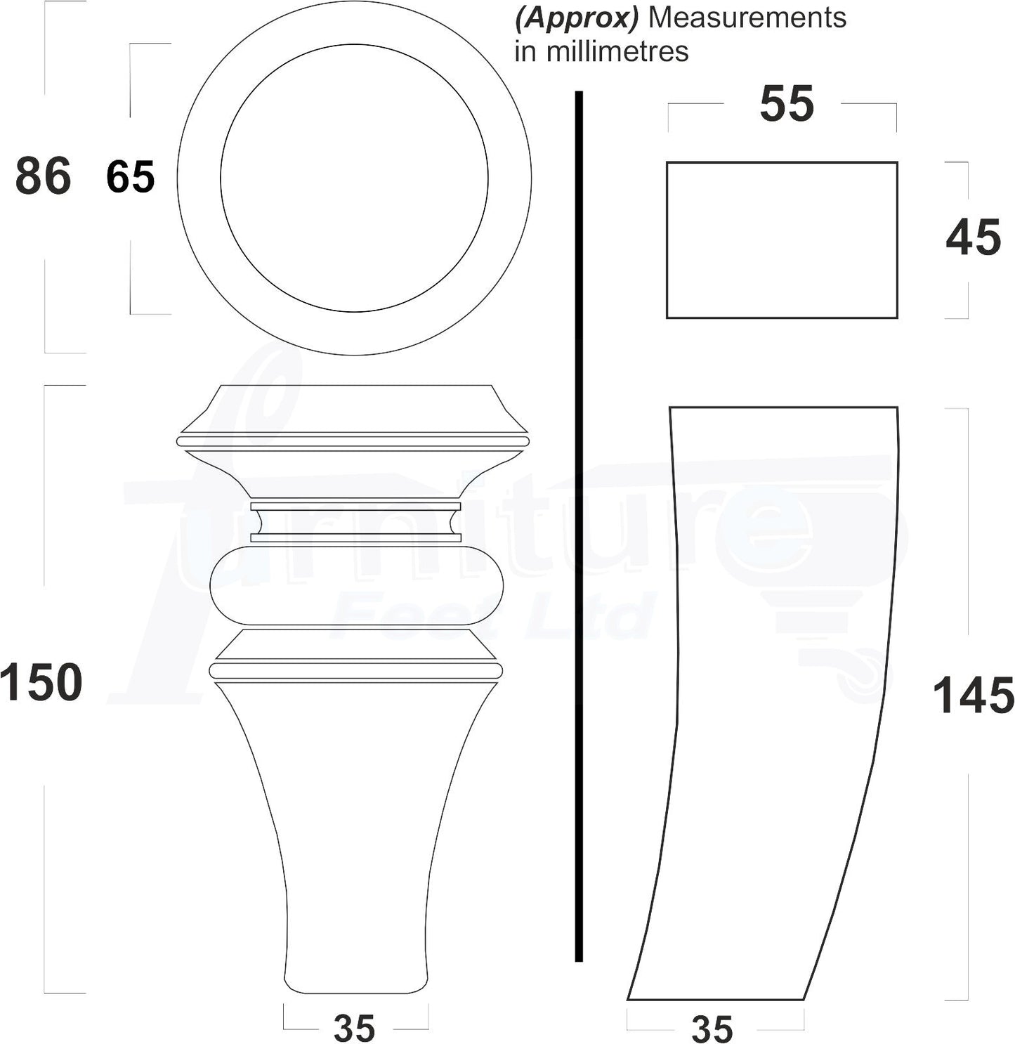 2x Turned & 2x Curved Back Wooden Feet Replacement Furniture Legs 150mm M8(8mm)