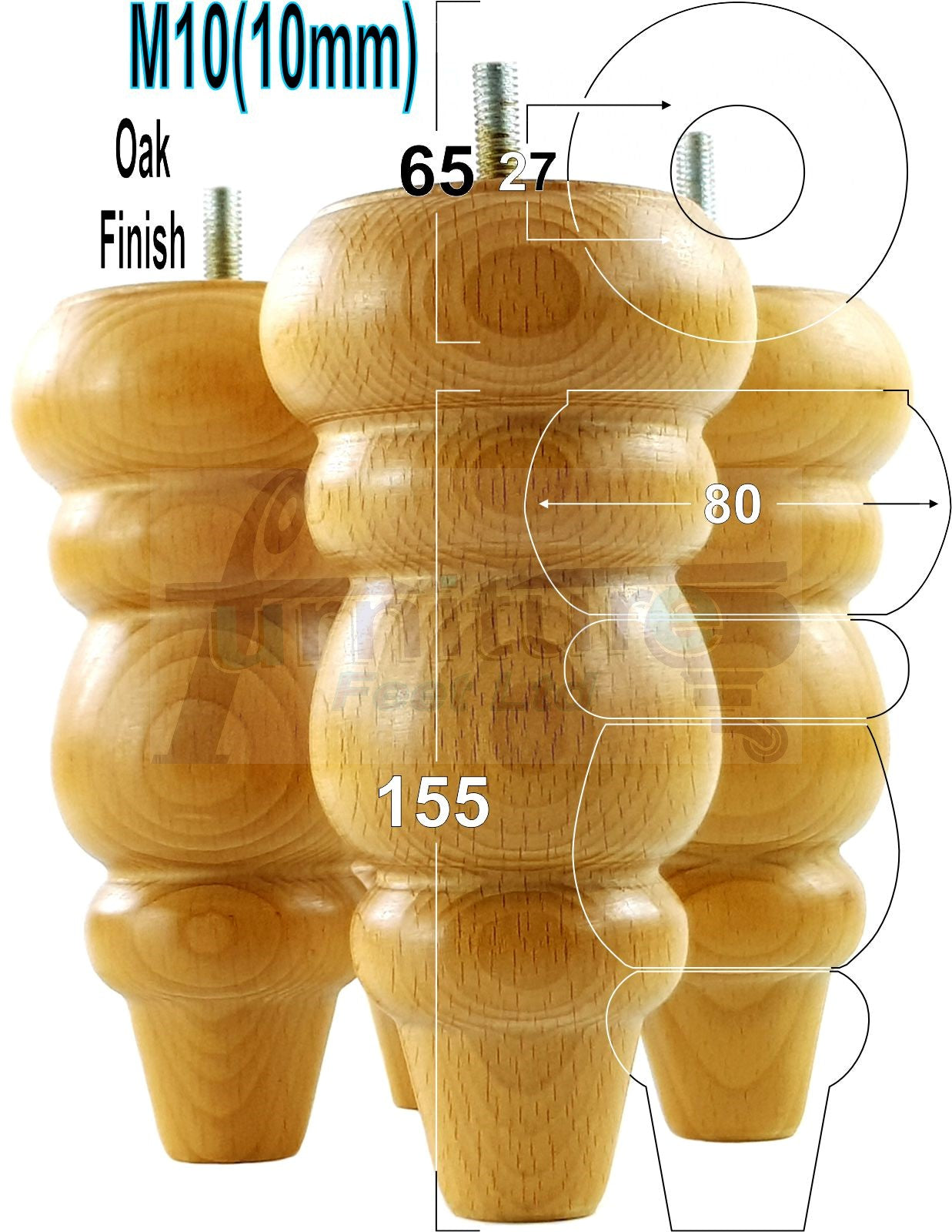 4 Wood Round Furniture Feet Turned Replacement Legs 155mm High Chairs Stools Sofa Beds Settee Cabinets M10 Various Colours 6 Inch high