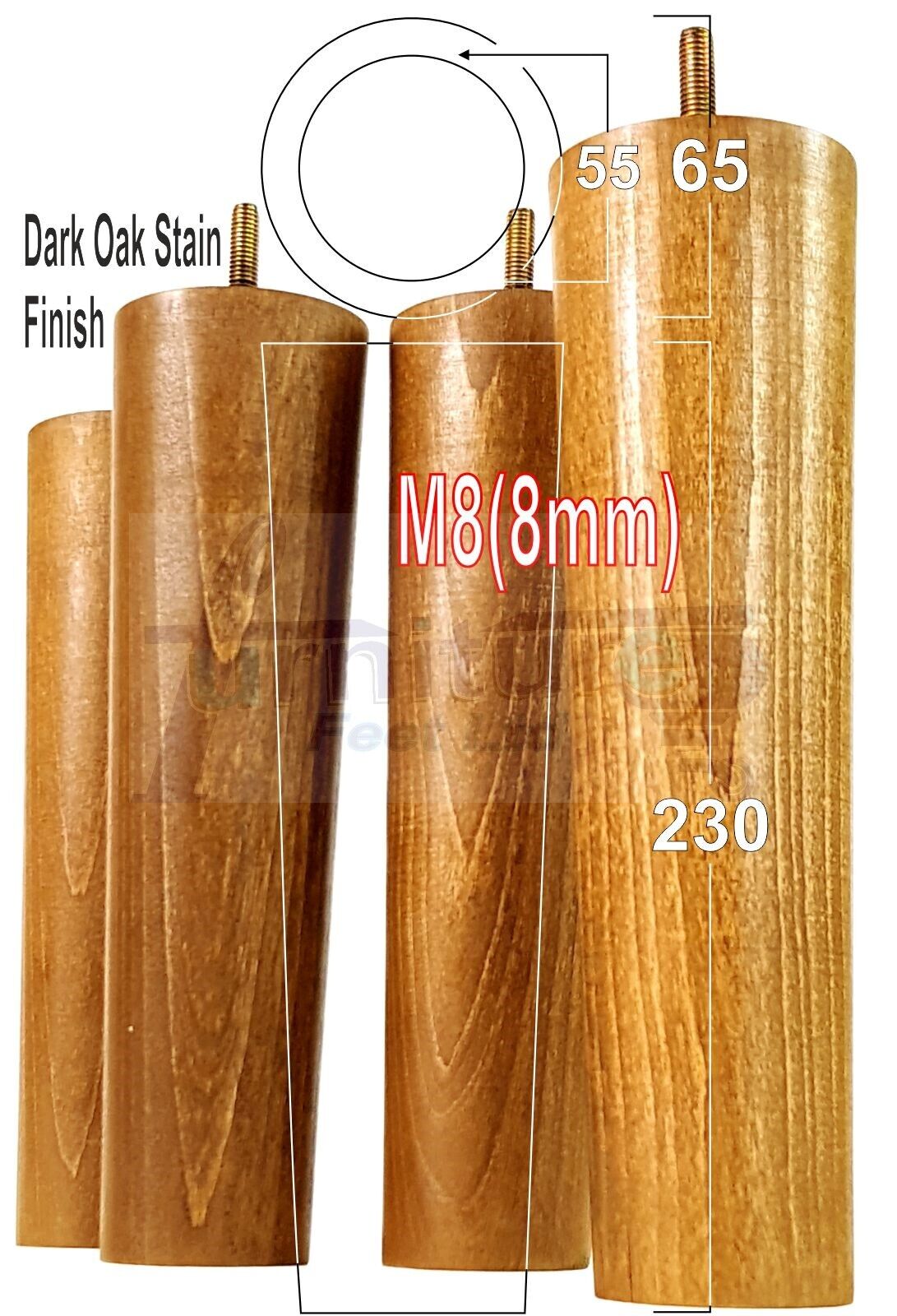 4 Solid Wood Turned Furniture Legs Replacement Bun Feet 230mm High Chairs Stools Sofa Bed Legs Settee & Cabinets M8 Multiple Colours
