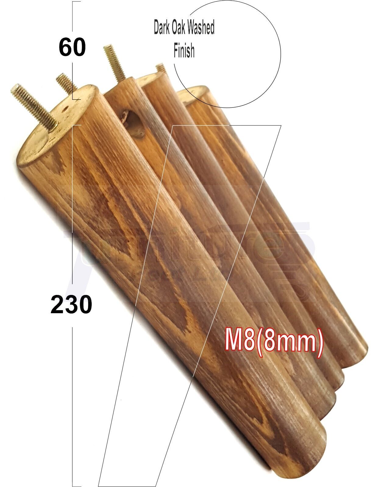 4 Solid Wood Turned Furniture Feet Replacement Mid Centry Angled Retro Legs 230mm High M8 Sofa Chairs Stools Cabinets Beds
