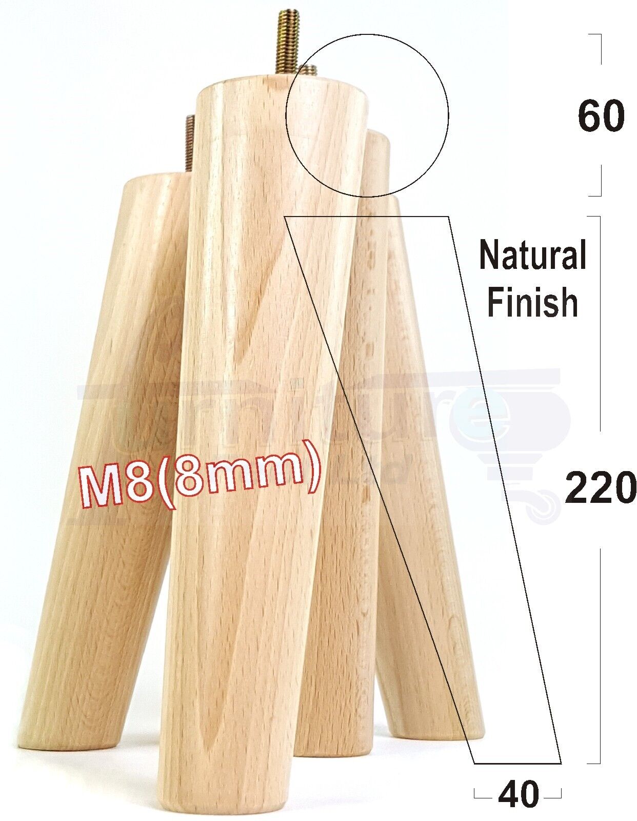 4 Solid Wood Turned Furniture Feet Replacement Mid Centry Angled Retro Legs 220mm High M8 Sofa Chairs Stools Cabinets Beds