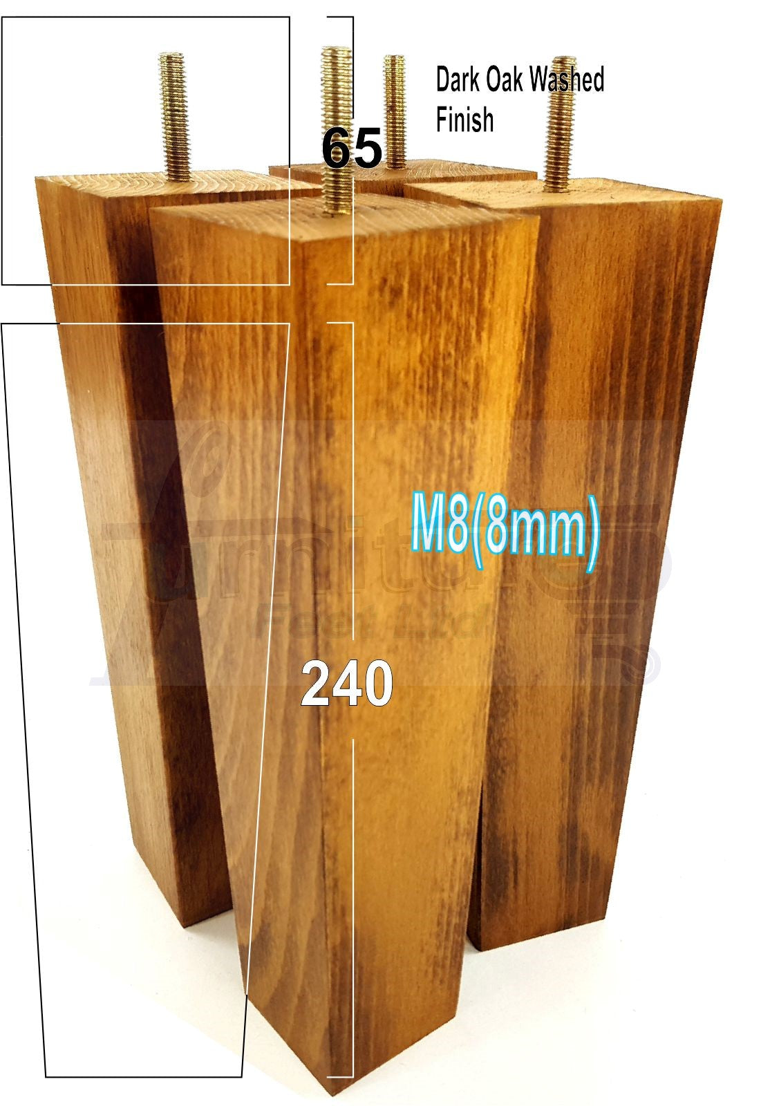 4 Solid Wood Furniture Feet Square Replacement Block Tapered Legs 240mm High M8 Sofa Chairs Stools Cabinets Beds