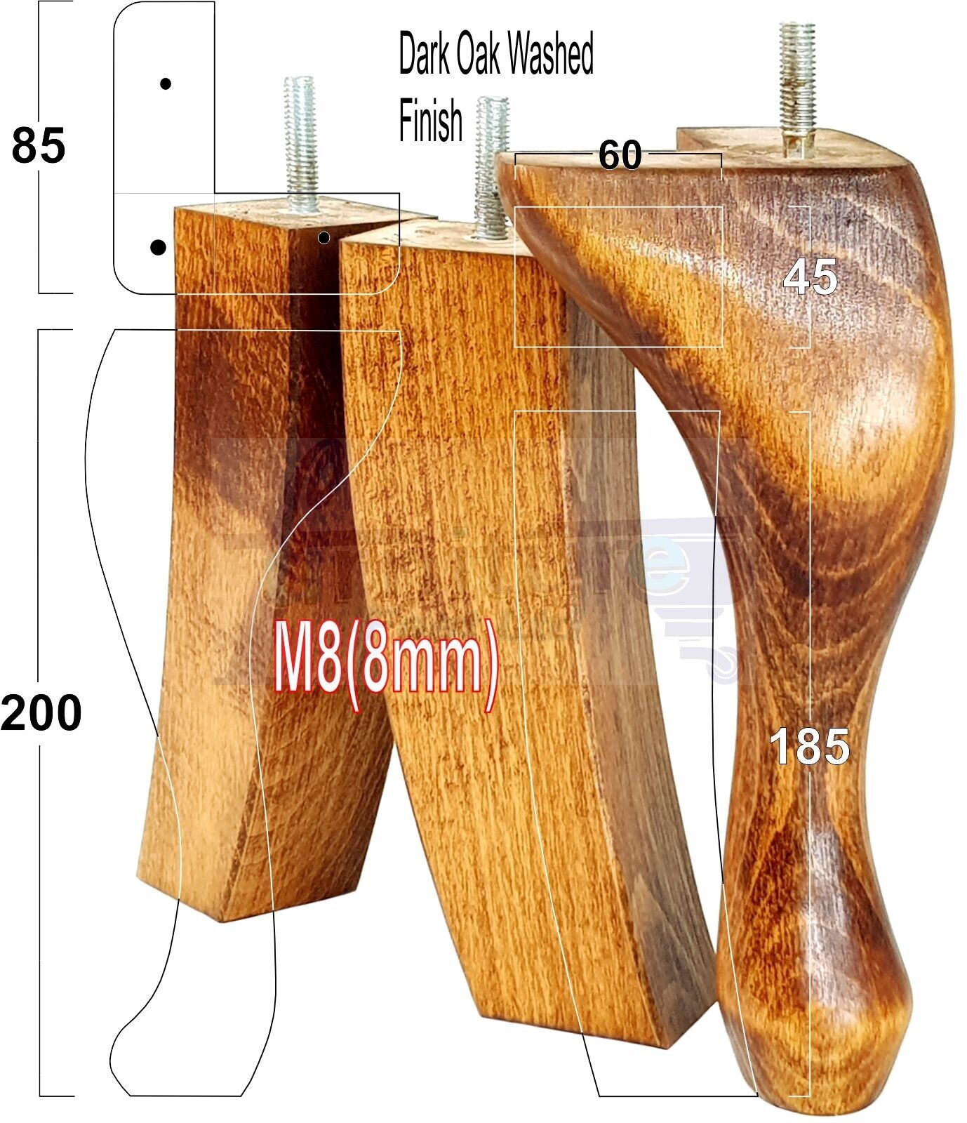 2x Vintage Queen Anne Replacement Furniture Legs & 2x Curved Back Feet 200mm High 8mm Thread