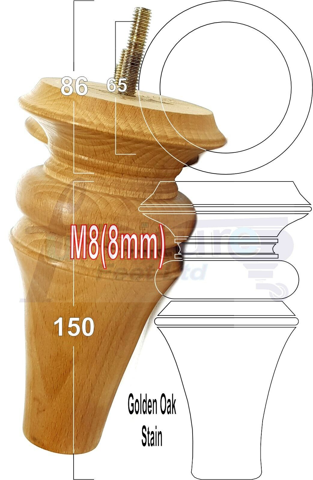 4x Turned Furniture Legs 150mm High M8(8mm) Replacement Feet