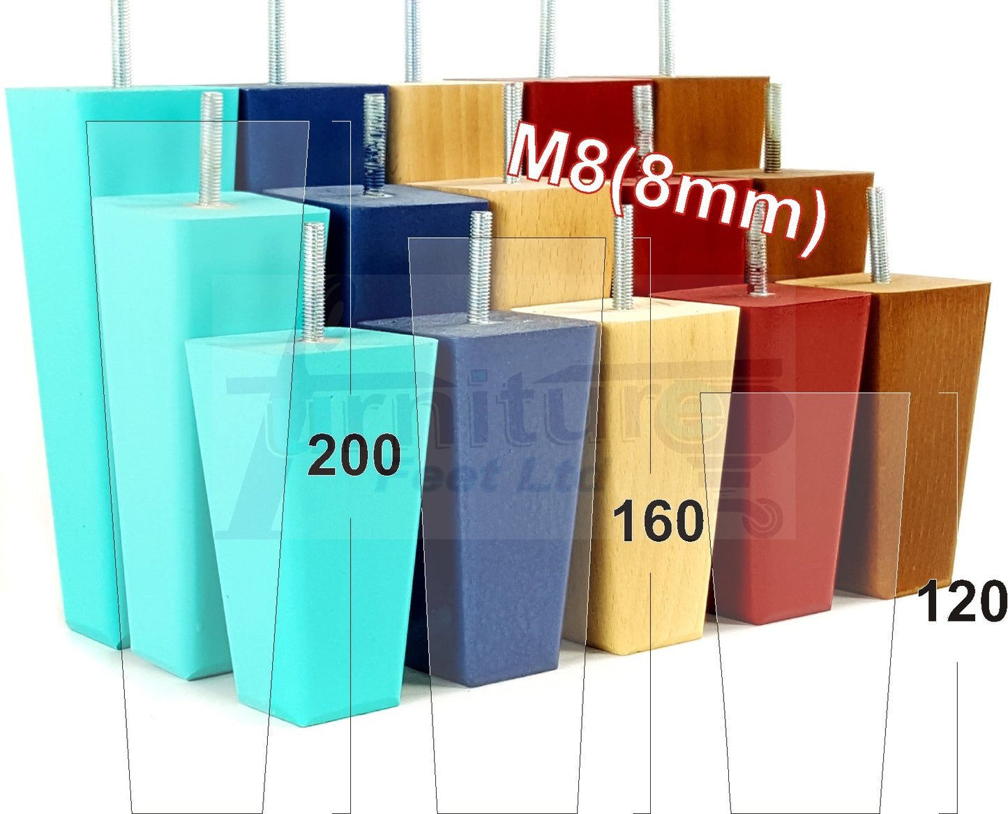 4x Wooden Furniture Legs 200mm High Replacement Square Tapered Feet 8mm