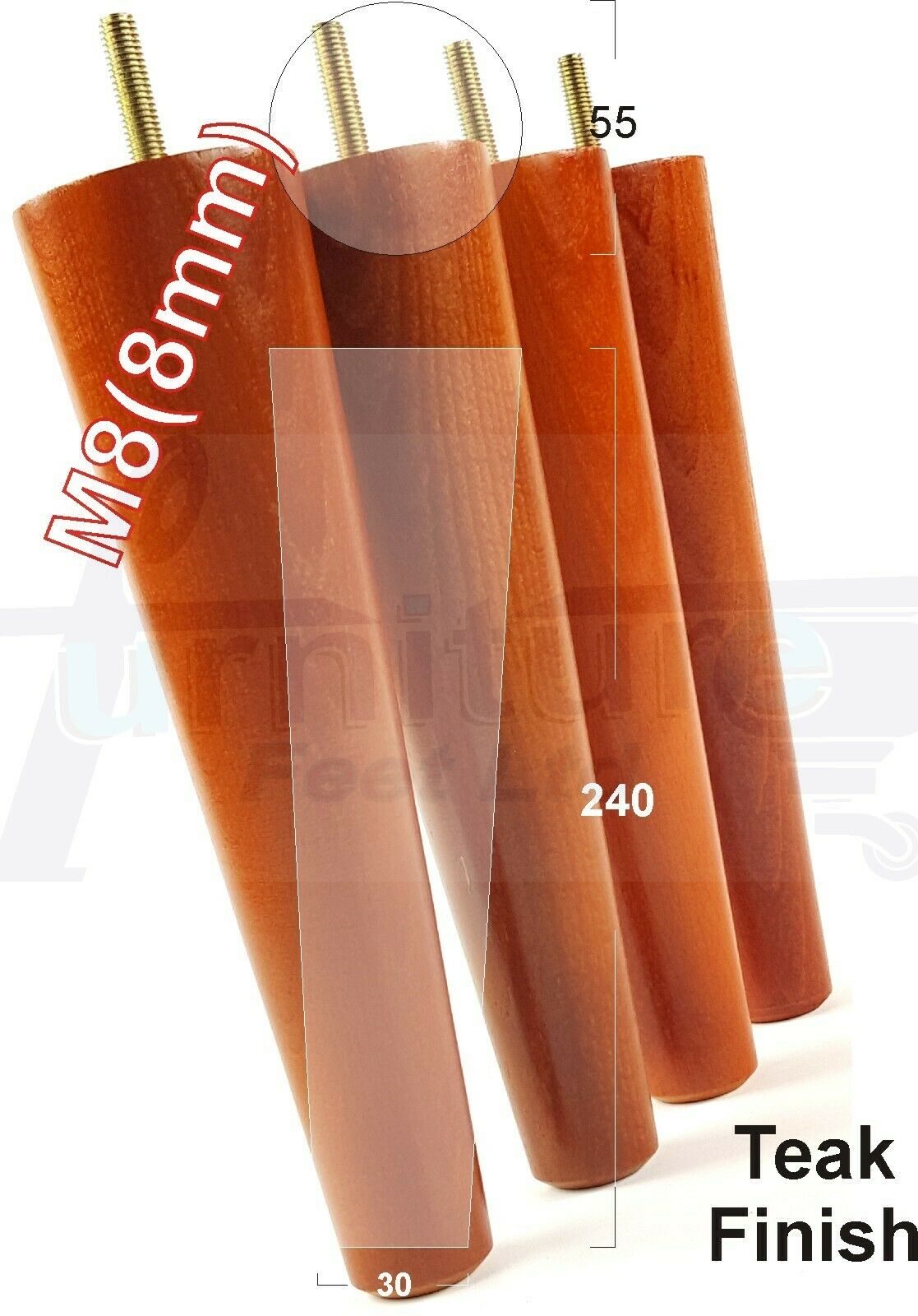 4 Retro Wood Replacement Furniture Chair Legs M8 Footstool Settee Sofa Feet 240mm High