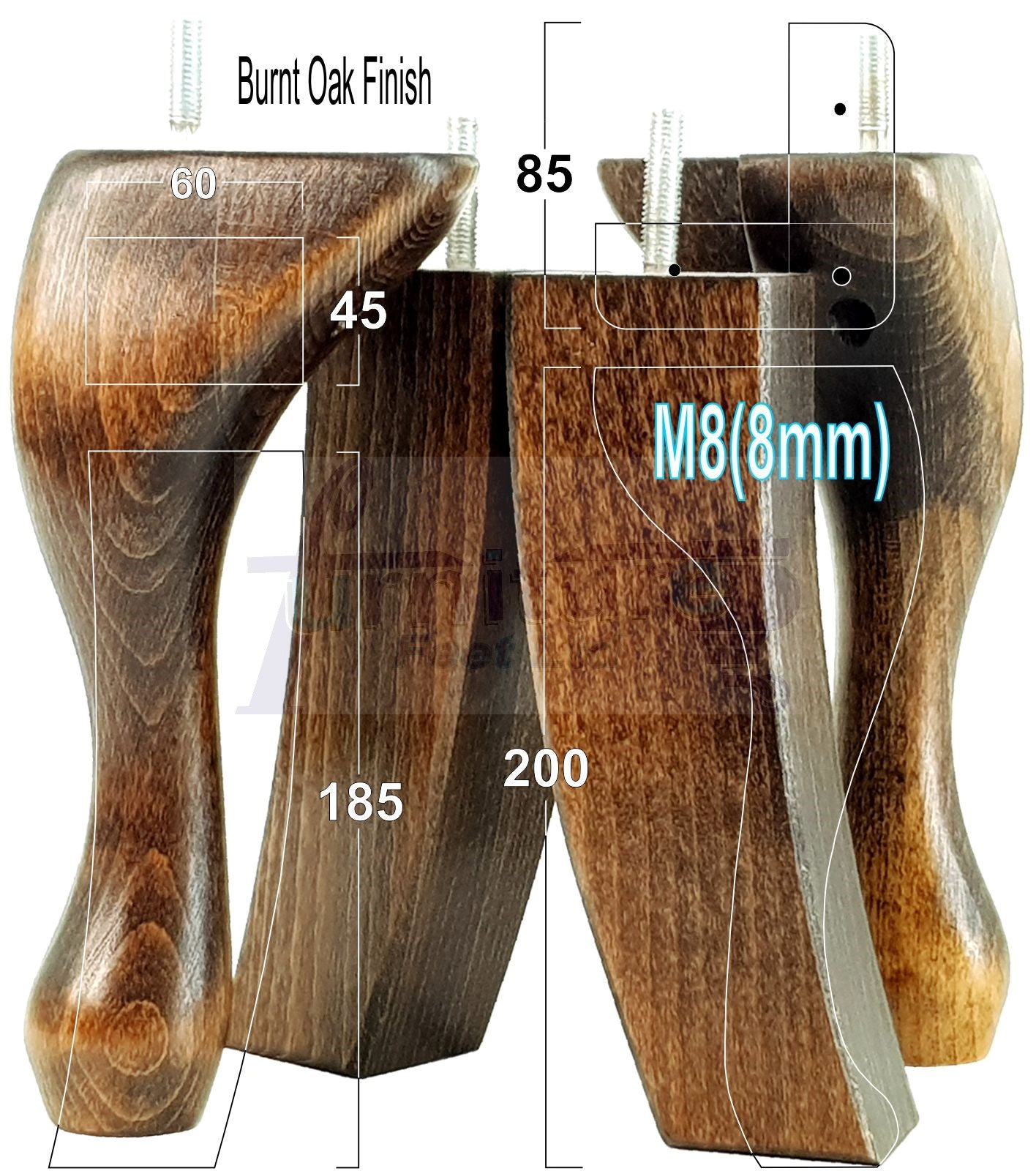 2x Vintage Queen Anne Replacement Furniture Legs & 2x Curved Back Feet 200mm High 8mm Thread