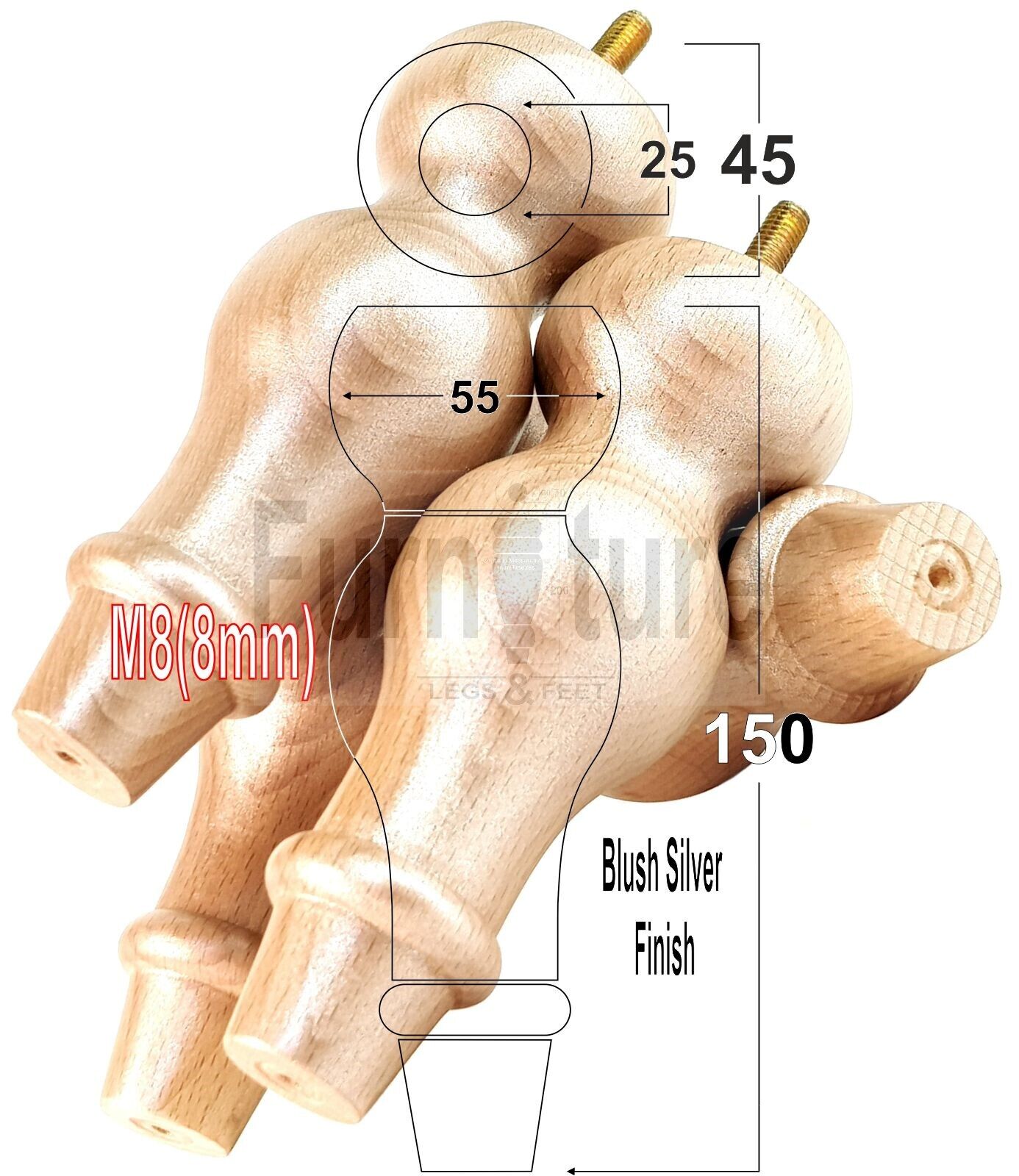 Set Of 4 Solid Wood Turned Furniture Feet Replacement Legs 150mm High 8mm Thread