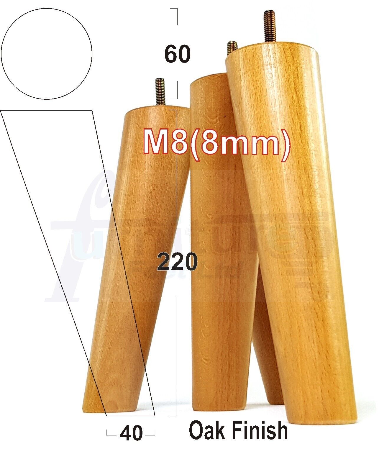 4 Solid Wood Turned Furniture Feet Replacement Mid Centry Angled Retro Legs 220mm High M8 Sofa Chairs Stools Cabinets Beds